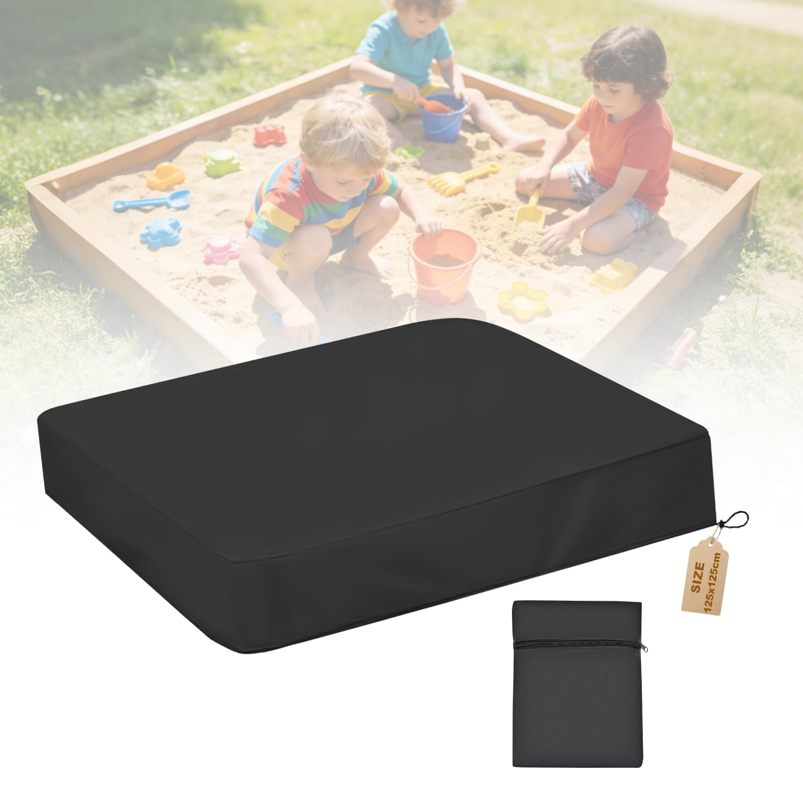 VTMJ Sandkasten Abdeckung 125 x 125cm, 210D Oxford Sandkastenabdeckung, Abdeckplane Sandkasten mit Gummizug Kordelzug und Aufbewahrungsbeutel, Wasserfeste Abdeckung für Sandkiste Pool Garten, Quadrat