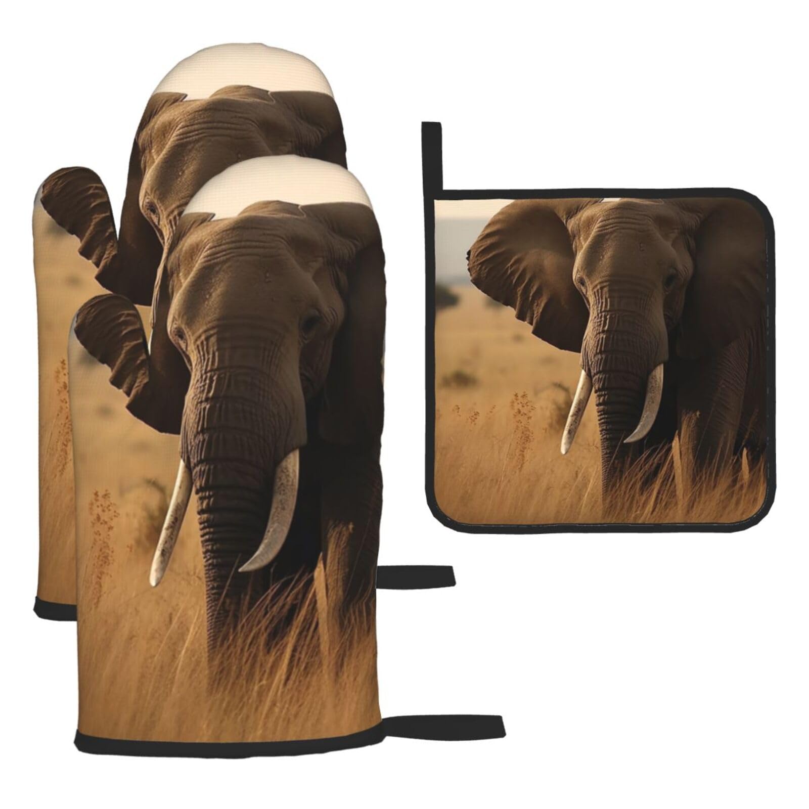 Oven Mitts and Pot Holders Set of 3 Heat Resistant Non-Slip Kitchen Gloves Hot Pads Elephant in the Grassland Oven Mitts Kitchen Mittens Gloves Non-Slip Potholders for Cooking Baking Grilling BBQ