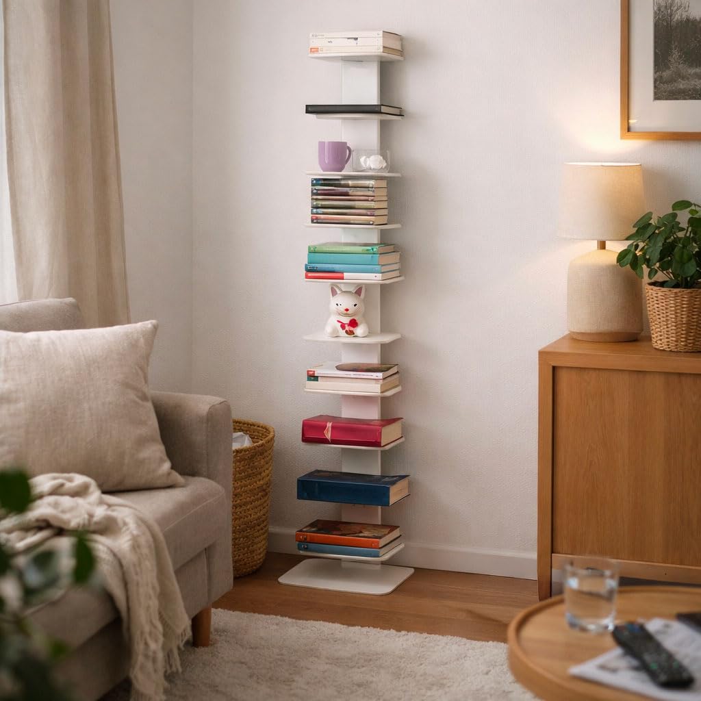 STEELNOVO | Beatrice, Libreria Verticale Salvaspazio con 10 Ripiani, Altezza 150 cm, Libreria a Colonna in Acciaio Verniciato Moderna, Scaffale da Terra Colore Bianco, Soggiorno, Studio, Made In Italy