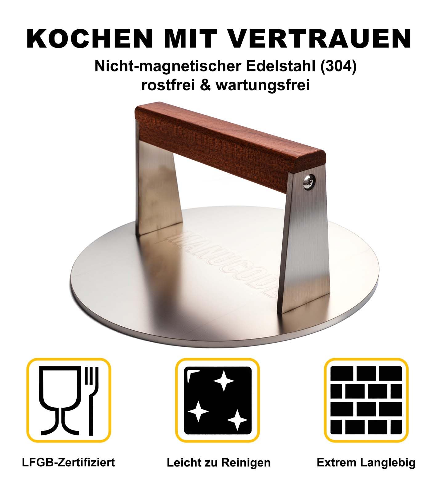 Grill Gewicht aus 304 Edelstahl – Smash Burgerpresse (1,42 kg Ø 20.5 cm) mit Hitzeabweisendem Holzgriff, für Schnelle Kruste auf Burgern & Steaks