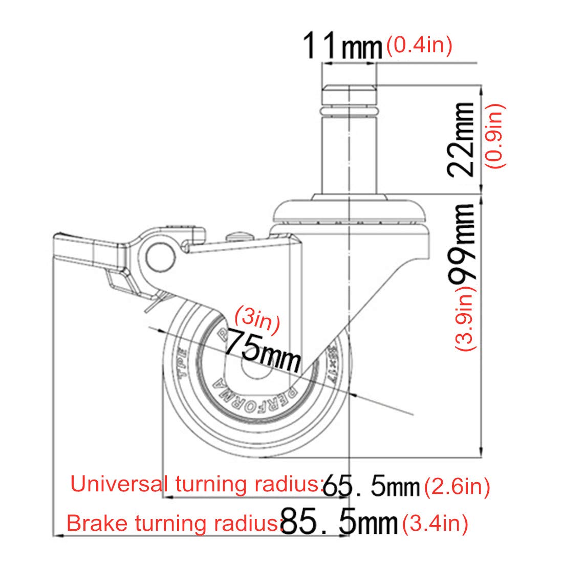 Ruedas para Silla de Oficina Plateers 4X, Ruedas de Repuesto para Carrito, Ruedas Resistentes, Ruedas de Goma giratorias de 360°, vástago estándar/universal/75 mm/3 Pulgadas