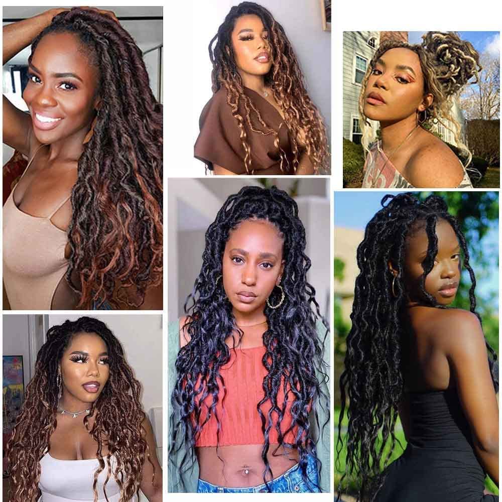 SOKU 6 Paquets New Goddess Locs Faux Locs Wavy Crochet Hair 26 Pouces Avec des extrémités lâches et ondulées Extensions de tresses synthétiques pré-bouclées Long Noir Naturel Dreadlocks
