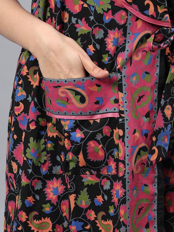 Image of bellamy Women Cotton Printed Maxi Nighty | Front Open Night Gown with Pocket | Regular Fit Sleepwear & Housecoat 1002