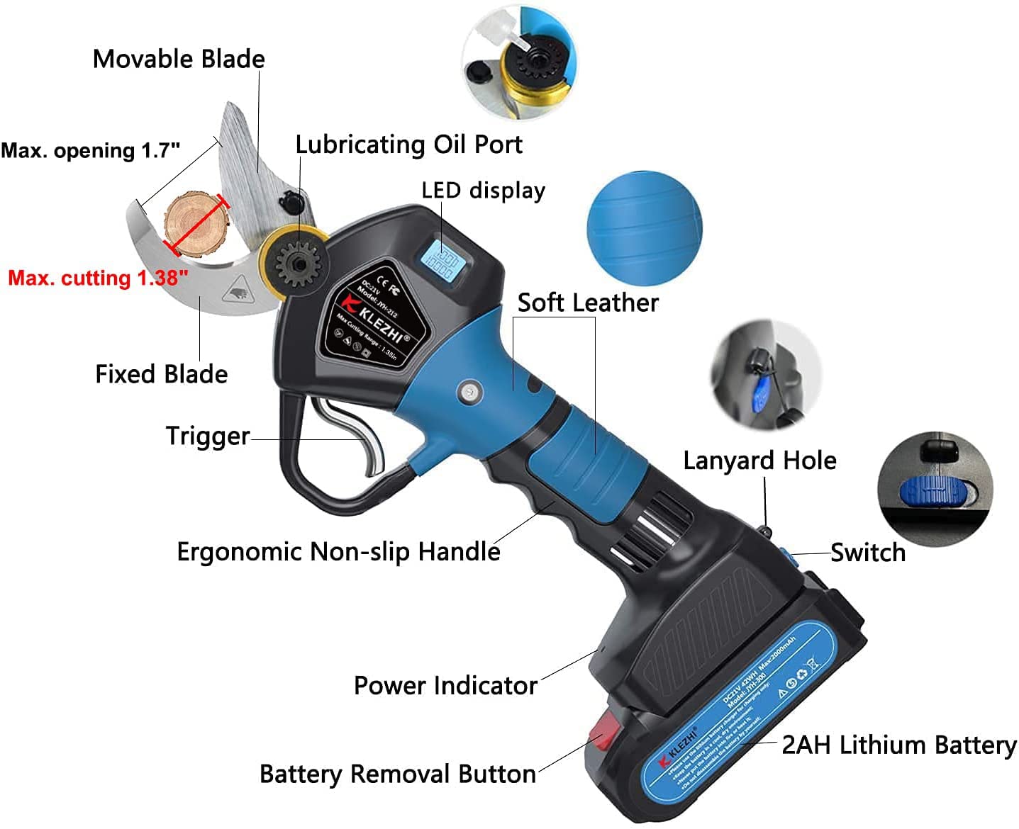 Akku Astschere mit LED, Schnurlose Elektrische Gartenschere, 35 mm Schnittdurchmesser, 2x 2 Ah Lithium-Wiederaufladbar Akku, 6–8 Arbeitsstunden, 21V Rebschere, Baumschere, Rosenschere