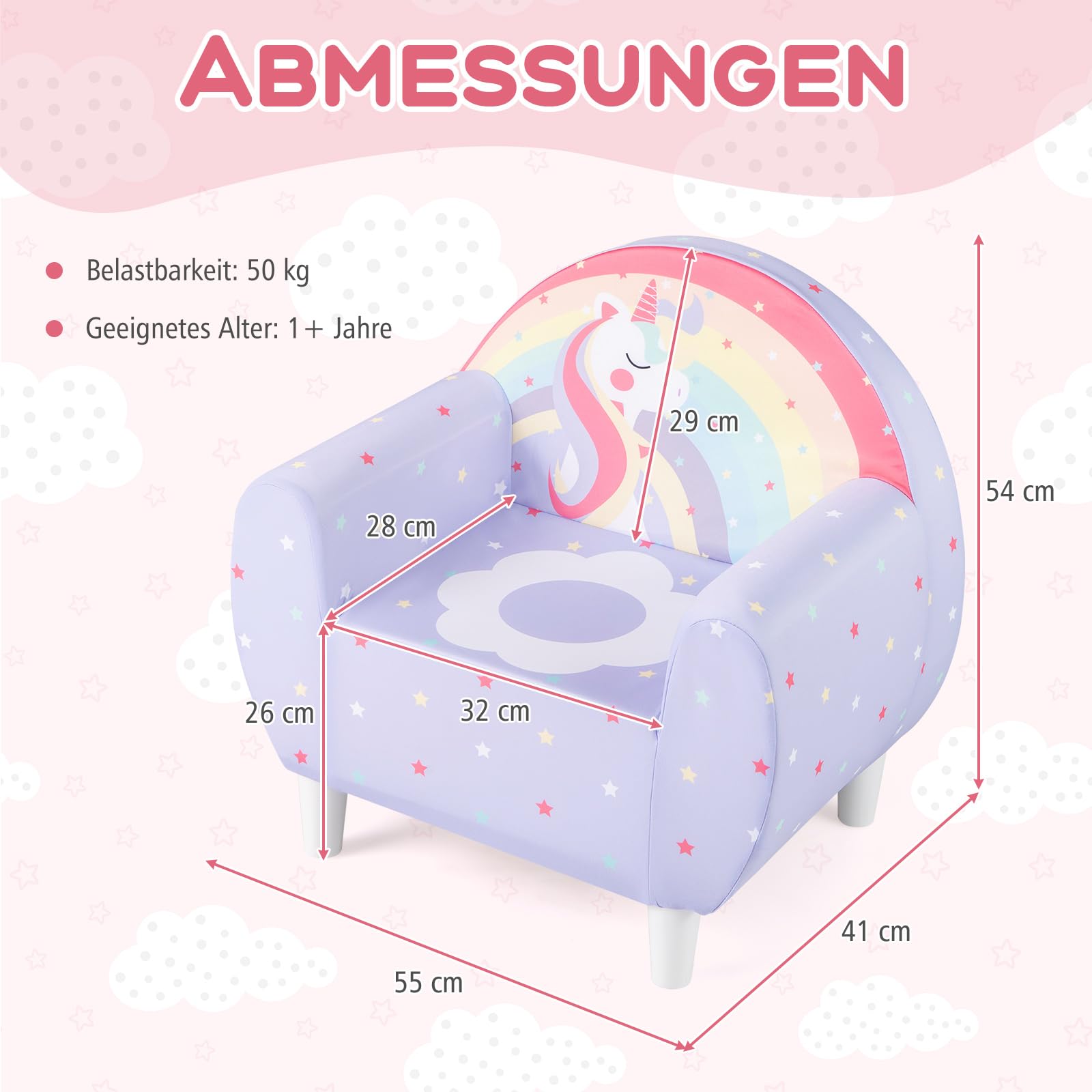 GOPLUS Sofa dziecięca Unicorn, fotel dziecięcy z oddychającym materiałem i gęstą pianką, tapicerowana sofa do zabawy, dla chłopców i dziewczynek od 3 lat, obciążenie 50 kg, 55 x 41 x 54 cm (fioletowa)