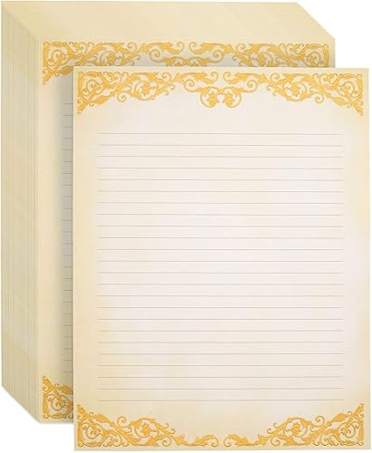 Pipilo Press Juego de papel de escritura de cartas, 48 hojas, 8.5 x 11 pulgadas, marfil, papelería forrada vintage con borde dorado para notas