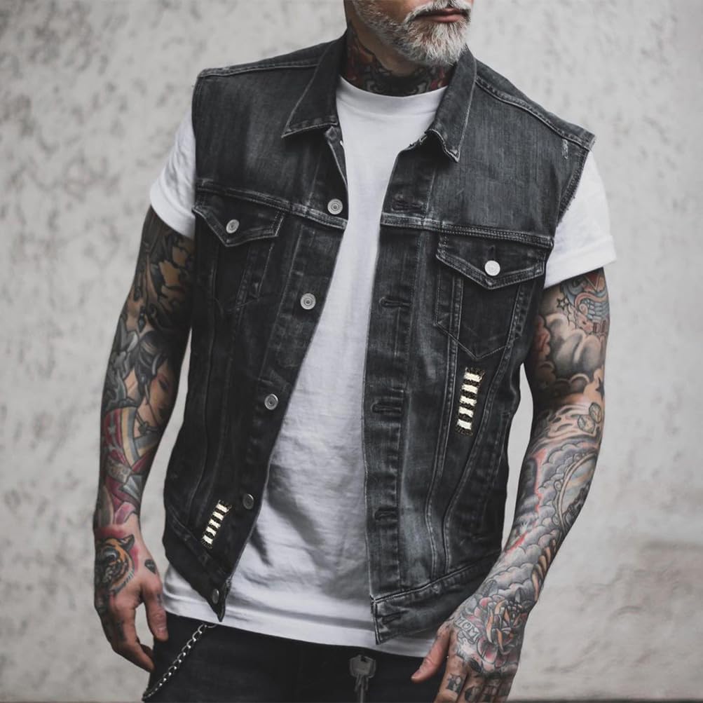 ORANDESIGNE Chaleco de Mezclilla de Hombre con Estampado de Calavera Punk Chaqueta Sin Mangas Vaquero Lavado de Moto