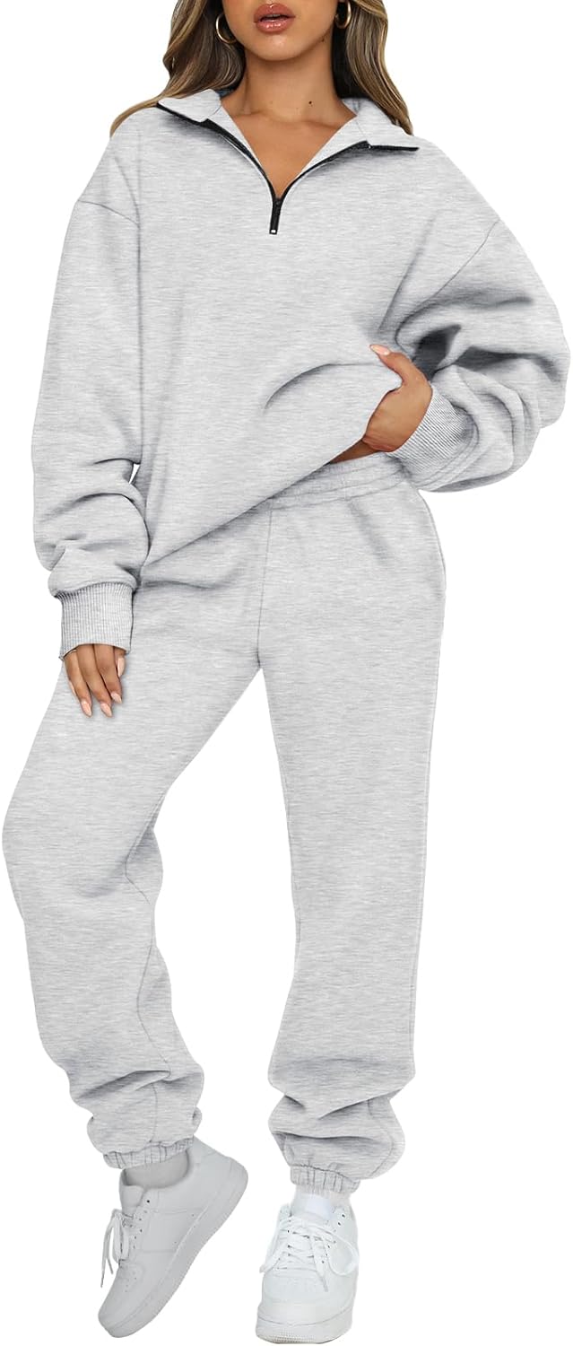 AUTOMET Women’s Sweatsuits 2 Piece Outfits Lounge Sets Long Sleeve Half Zip Pullover and Baggy Sweatpants with Pockets