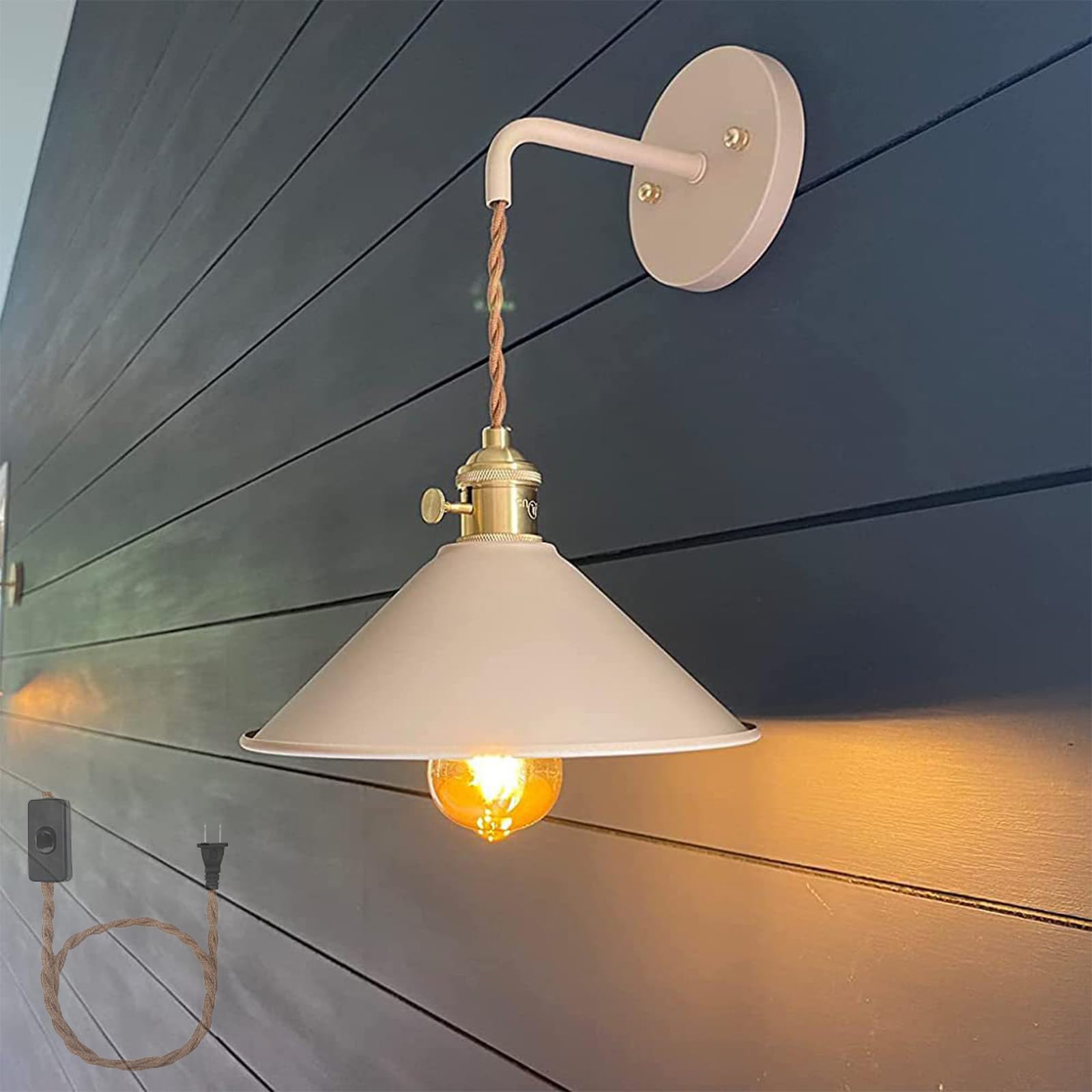 Luz de pared vintage E27 con interruptor propio aplique orientable blanco para lectura 7