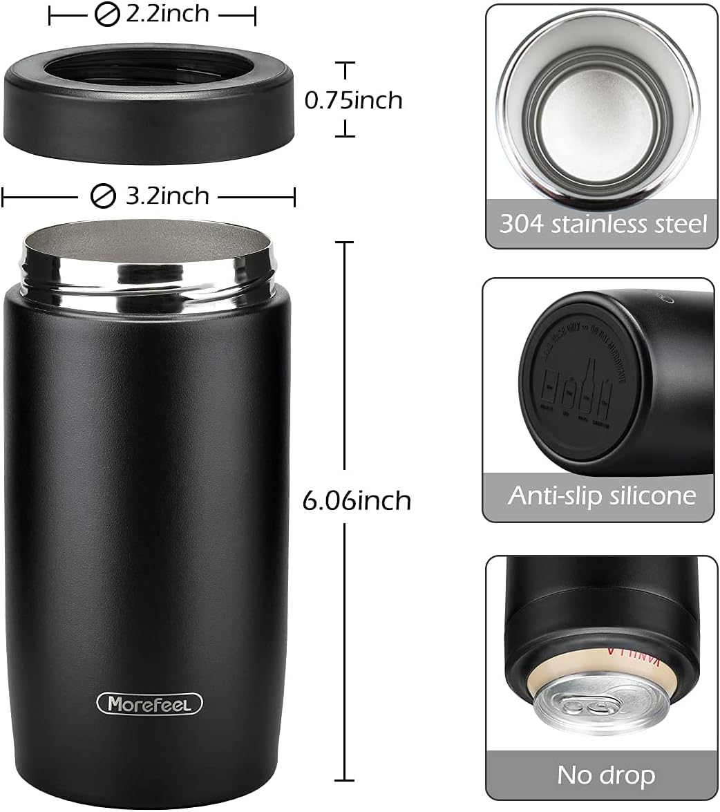 Morefeel 4-in-1 Skinny Can Cooler Double Wall Stainless Steel Insulated Can Holder, Works With 12 Oz Slim Can,Standard Cans,Beer Bottles & As Pint Cups(Black) - Image 4