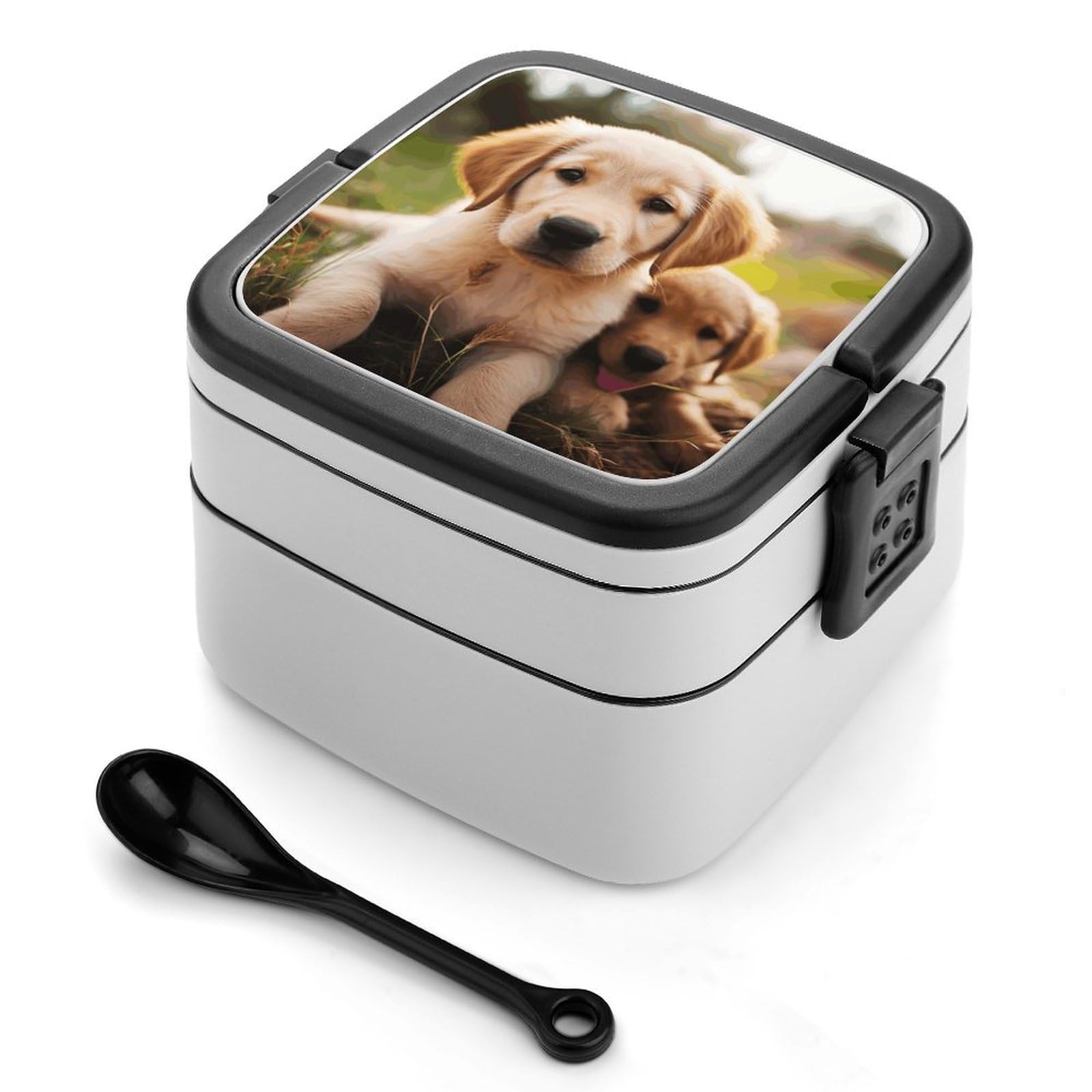 VstaDank Cute Golden Retriever Puppy Bento Box Portable Adult Lunch Box with 2 Layer&Spoon Reusable Insulated Lunchbox Large Food Containers Leak Proof Lunch Containers for Work Camping Meal Prep