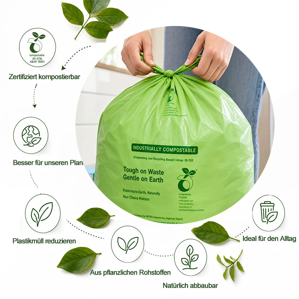 Sacchi della spazzatura biodegradabili da 50 l, 128 pezzi (4 scatole × 32 pezzi/rotolo), materiale amido di mais, certificato da piantine, ideali per cucina, garage e soggiorno, verde chiaro