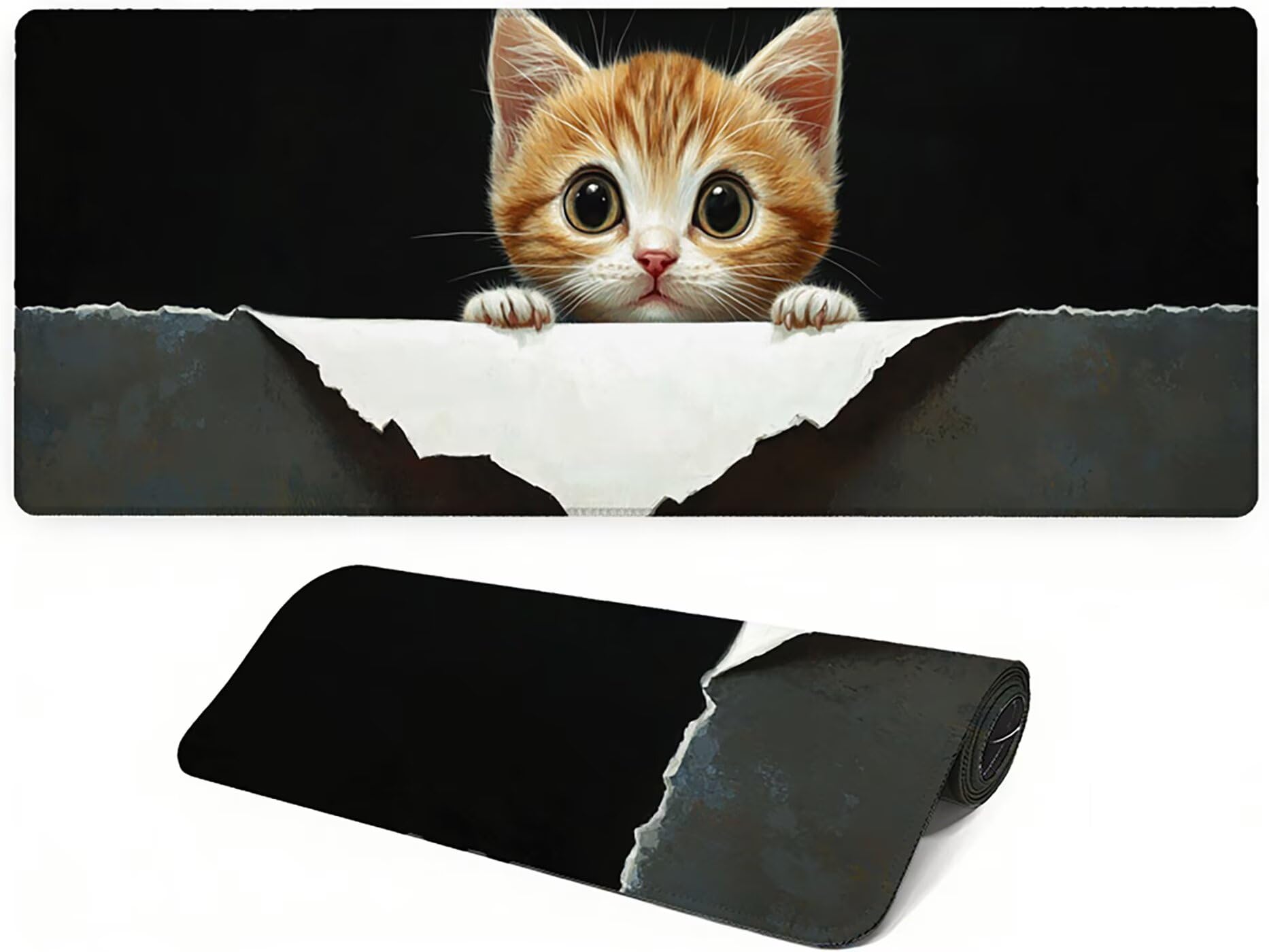Lpfieonn Katze Schreibtischunterlage XXL, Schwarz Schreibtischunterlagen Großes, Gaming Mousepad XXL mit ernähter Rand und Rutschfeste Gummibasis, Desk Mat für PC/Laptop/Mausa 120x60cm PF-2034