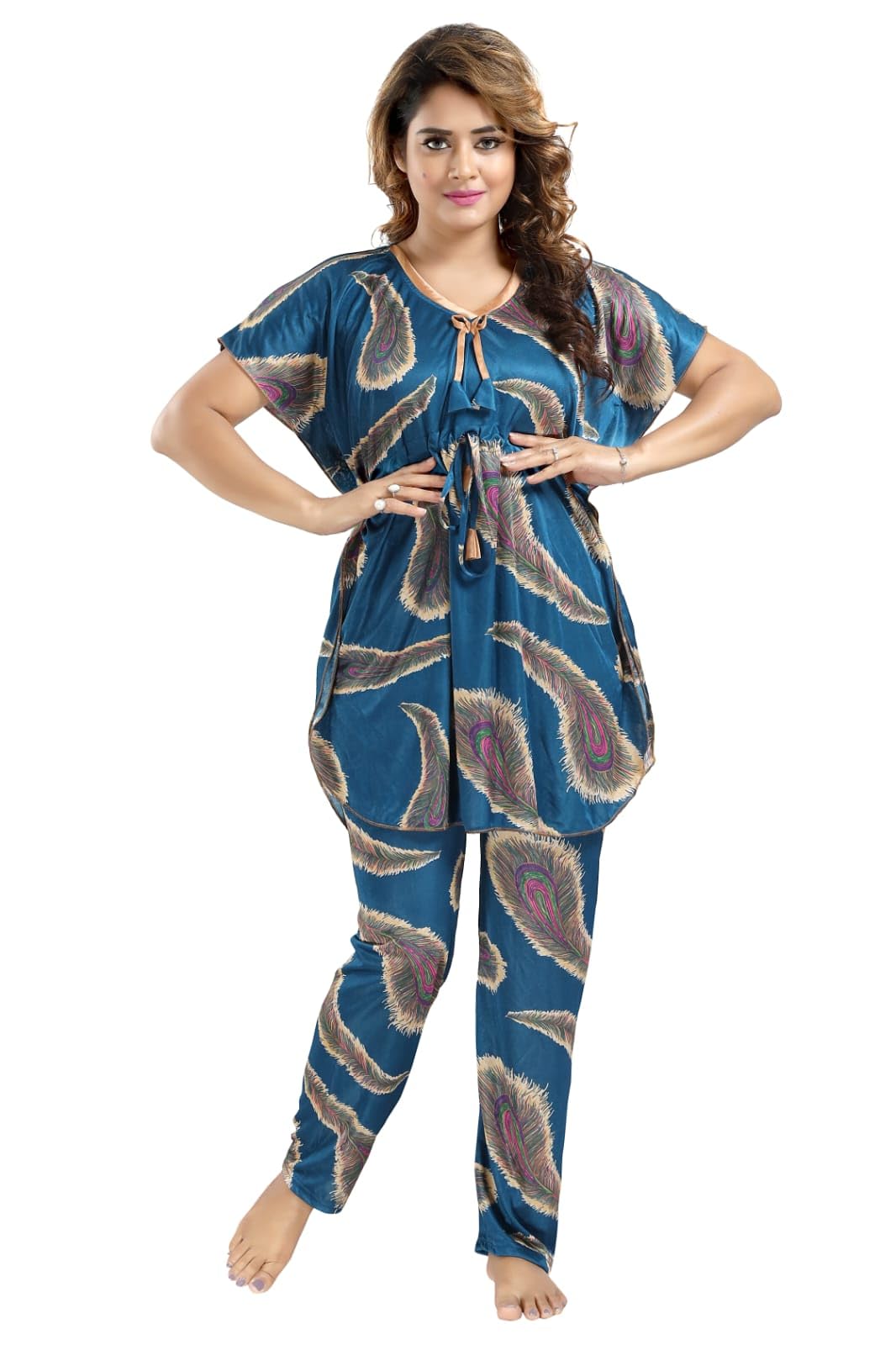 Women's Satin Nightsuit Set, Feather Print, Short Sleeve Top with Pyjama, Lounge Wear-picture-35