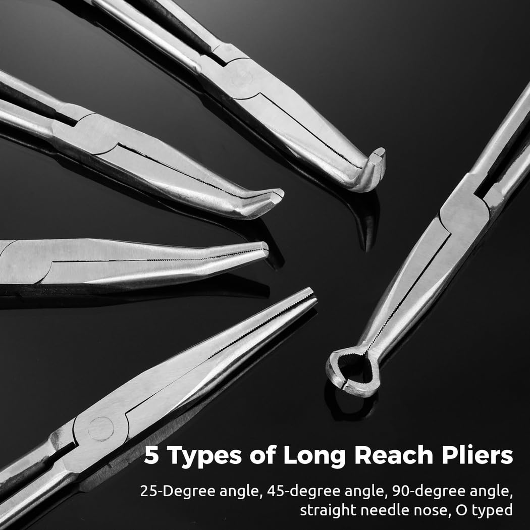 Set di 5 pinze a becco lungo, 28,9 cm, con angoli dritti, 25, 45, 90 gradi, pinze tipo O, con custodia