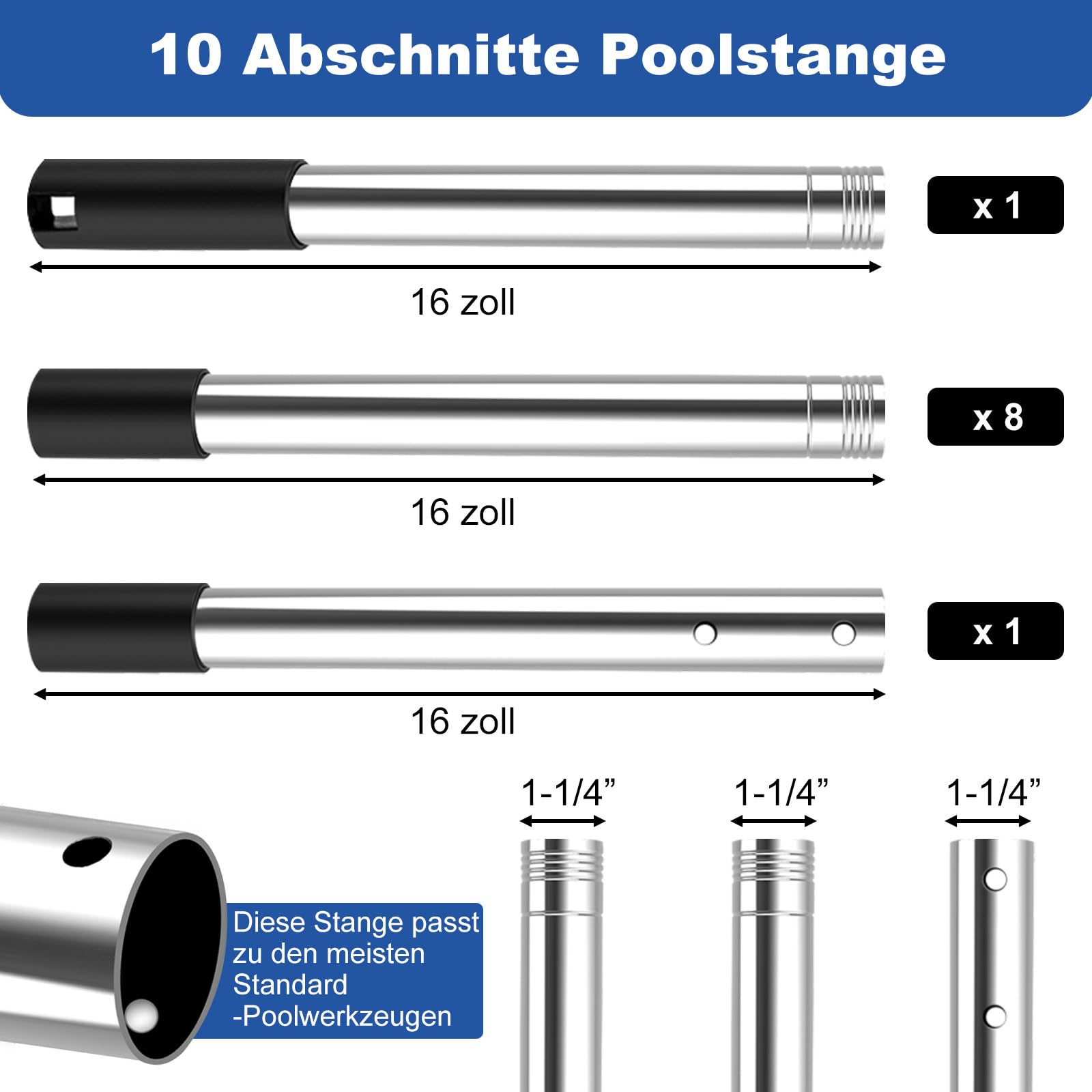 4BAOHUI Barre télescopique pour piscine réglable de 75 cm à 365 cm, accessoires de piscine, en acier inoxydable et stable, barre extensible pour épuisettes courantes, filet de skimmer, brosses de sol