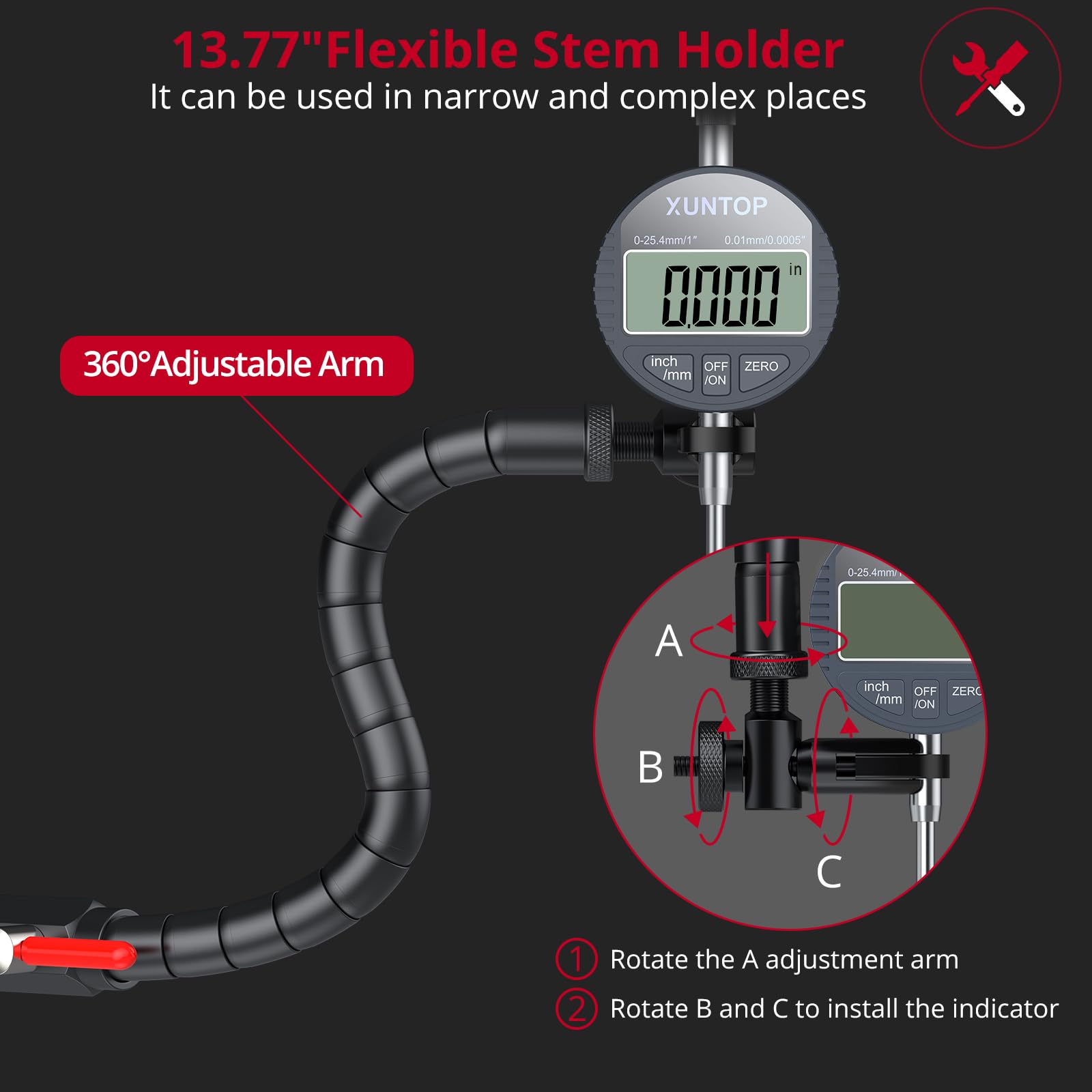 XUNTOP Reloj Comparador 0-1''/0.0005'' Indicador de Cuadrante con 360° Soporte Flexible y 7" Alicate de Bloqueo para Comprobar Desgaste de Neumáticos y Ruedas, Desgaste de Guías de Válvulas