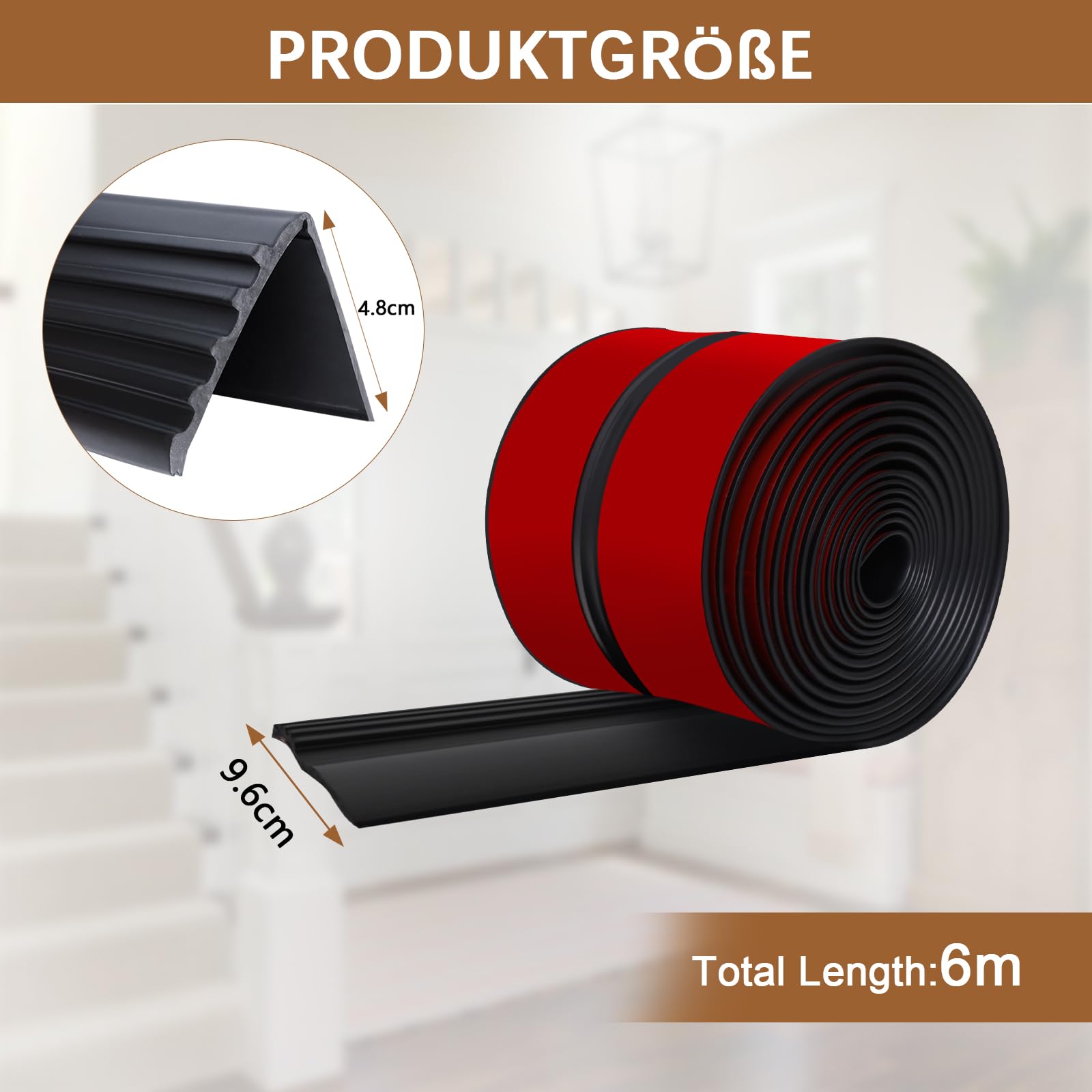 6m Treppenkantenprofil Selbstklebend, Treppenkanten Antirutsch Flexible Gummistufen Rutschfeste Treppenstufe Treppenkantenschutz für Außen und Innenbereich (Schwarz)