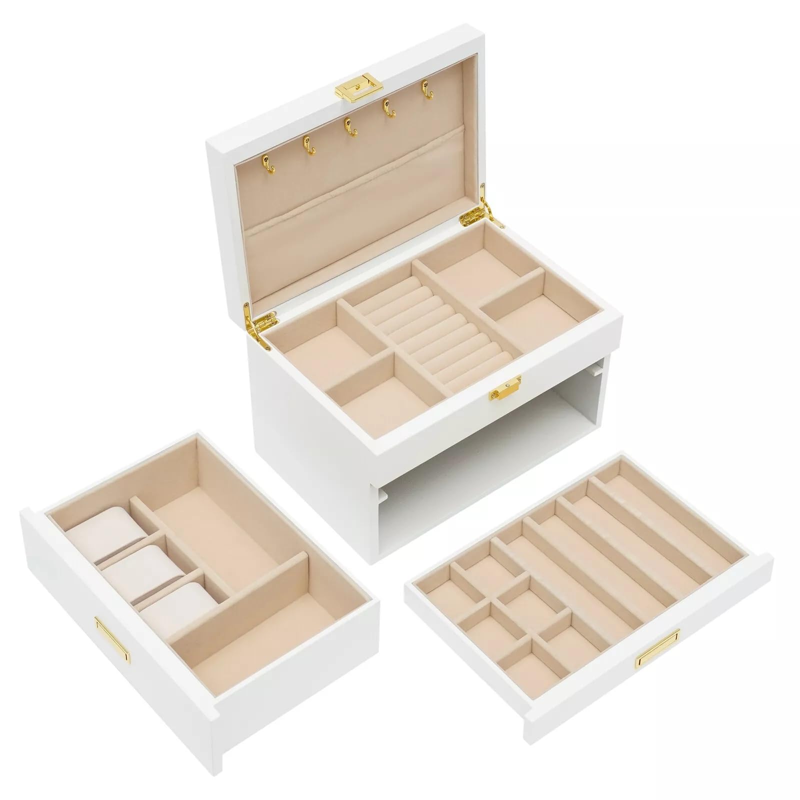 Joyero de madera de 3 capas, para pulseras, collares, anillos, pendientes, color blanco