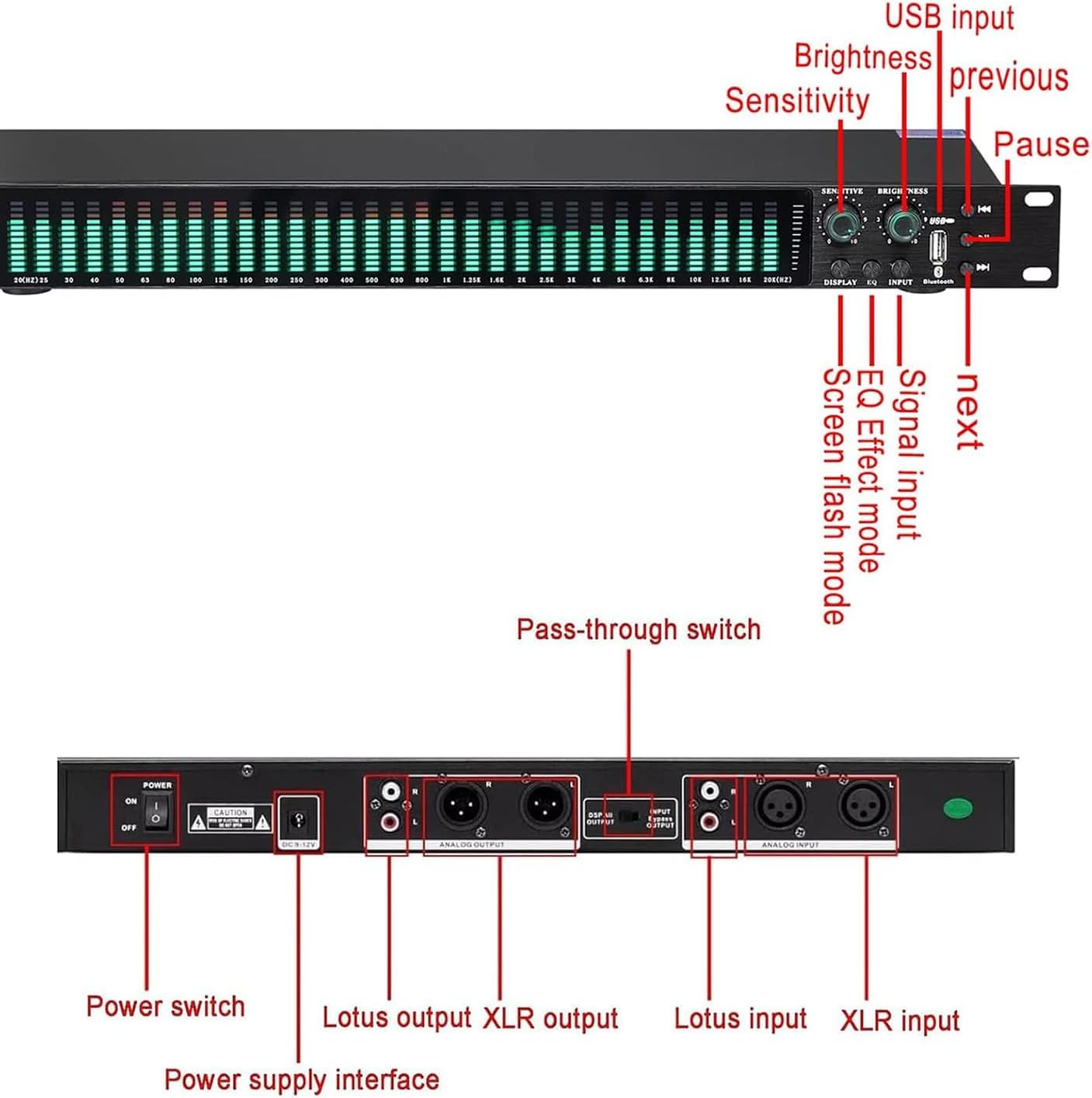 Ecualizador Digital De 31 Bandas, Ecualizador De Audio Gráfico Estéreo, con Pantalla De Espectro Led, 21 Efectos Preestablecidos, Ajuste De Graves/Medios/Agudos, Montaje En Rack De 1u, para
