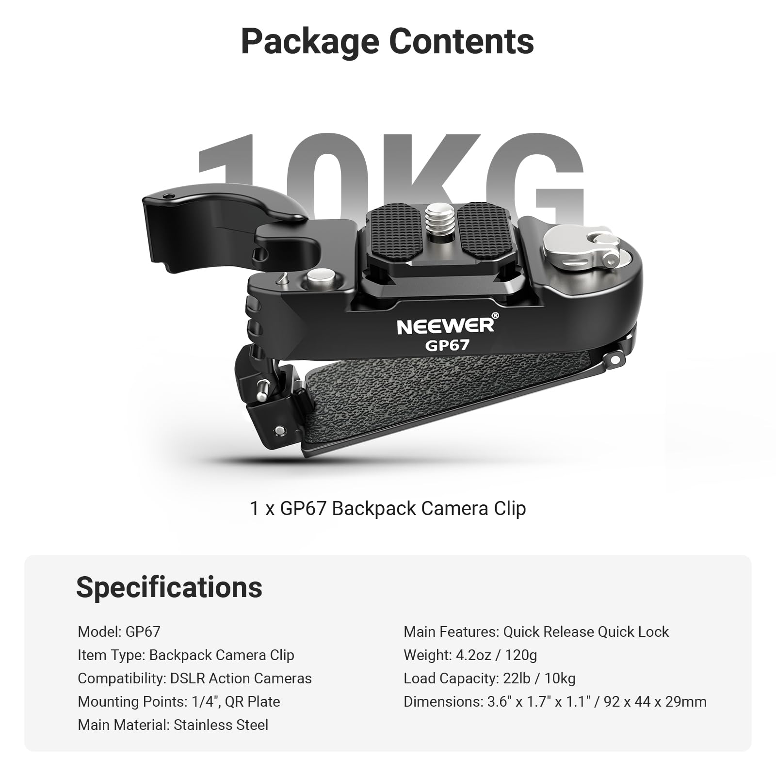 NEEWER Support de Fixation pour Sac à Dos Caméra avec Plaque QR Carrée,Loquet Sécurité Amélioré,Sangle en Acier Inoxydable,Compatible avec Canon Nikon Sony DSLR à Système QR PD,Charge 10kg (22lb),GP67