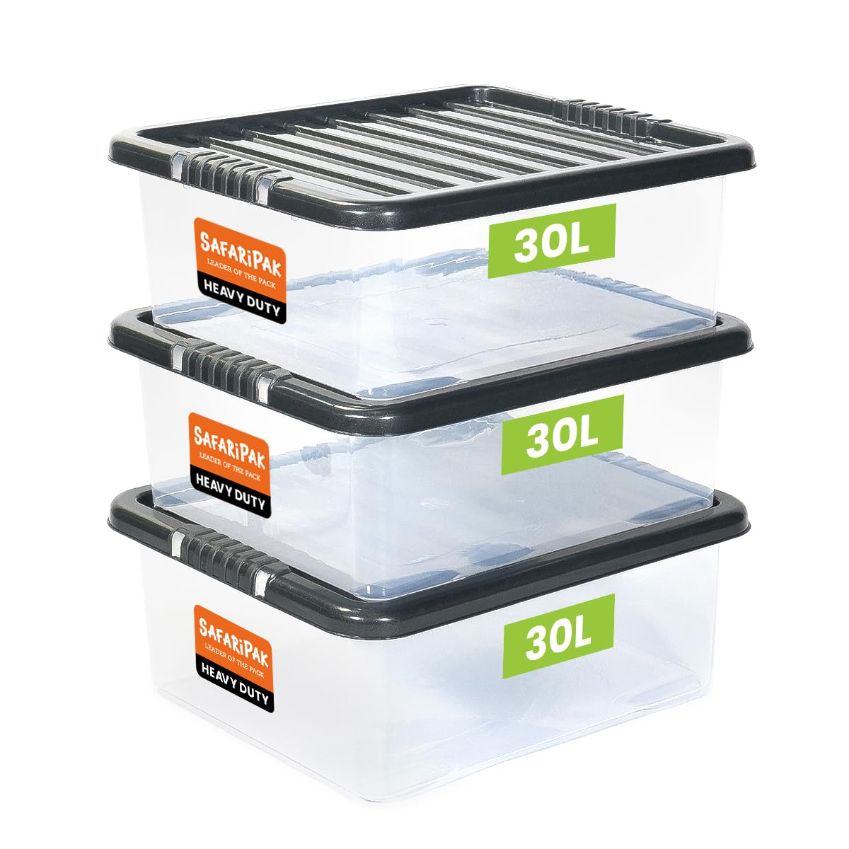 SAFARIPAK 3 x 30 Litre Clear Plastic Underbed Storage Boxes with Lids, Clip-Lock Lid, Space Saving Sturdy Stackable Box, Lidded Containers for Home, Kitchen, Moving, Garage, Office & Organisation
