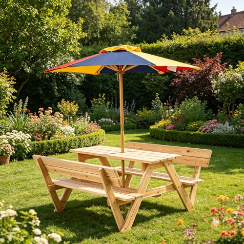 LIFEZEAL Set de Mesa Picnic Infantil Resistente, con 2 Bancos Integrados Sombrilla Extraíble y Respaldo, Estructura de Madera de Abeto, Muebles Exterior para Niños 3-8 Años Jardín Patio Playa Terraza