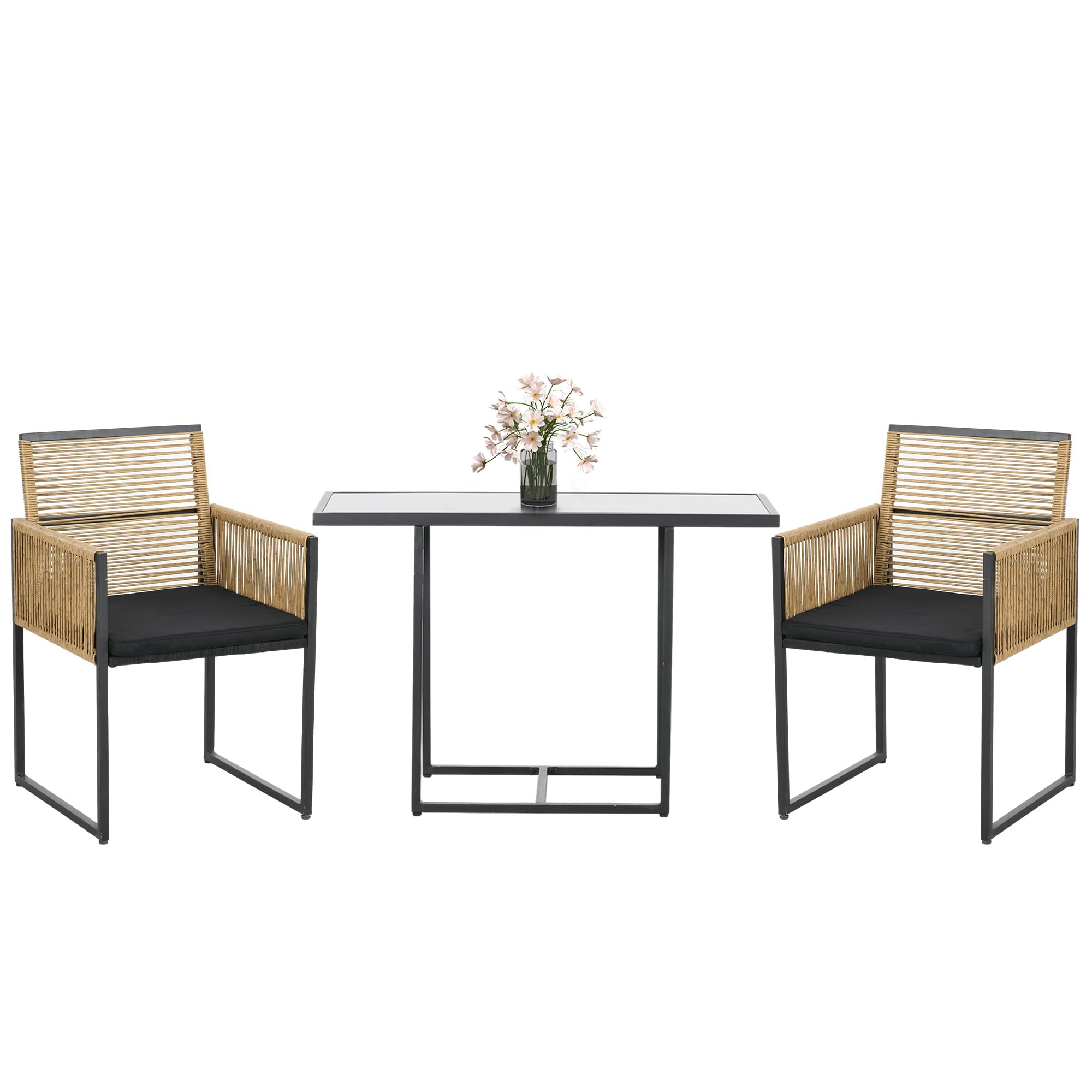 Outsunny Conjunto de Muebles de Jardín 3 Piezas Diseño Anidado Juego de Sillas y Mesa de Ratán con Respaldo Plegable Cojines y Mesa con Tablero de Vidrio Templado para Patio Terraza Natural y Negro