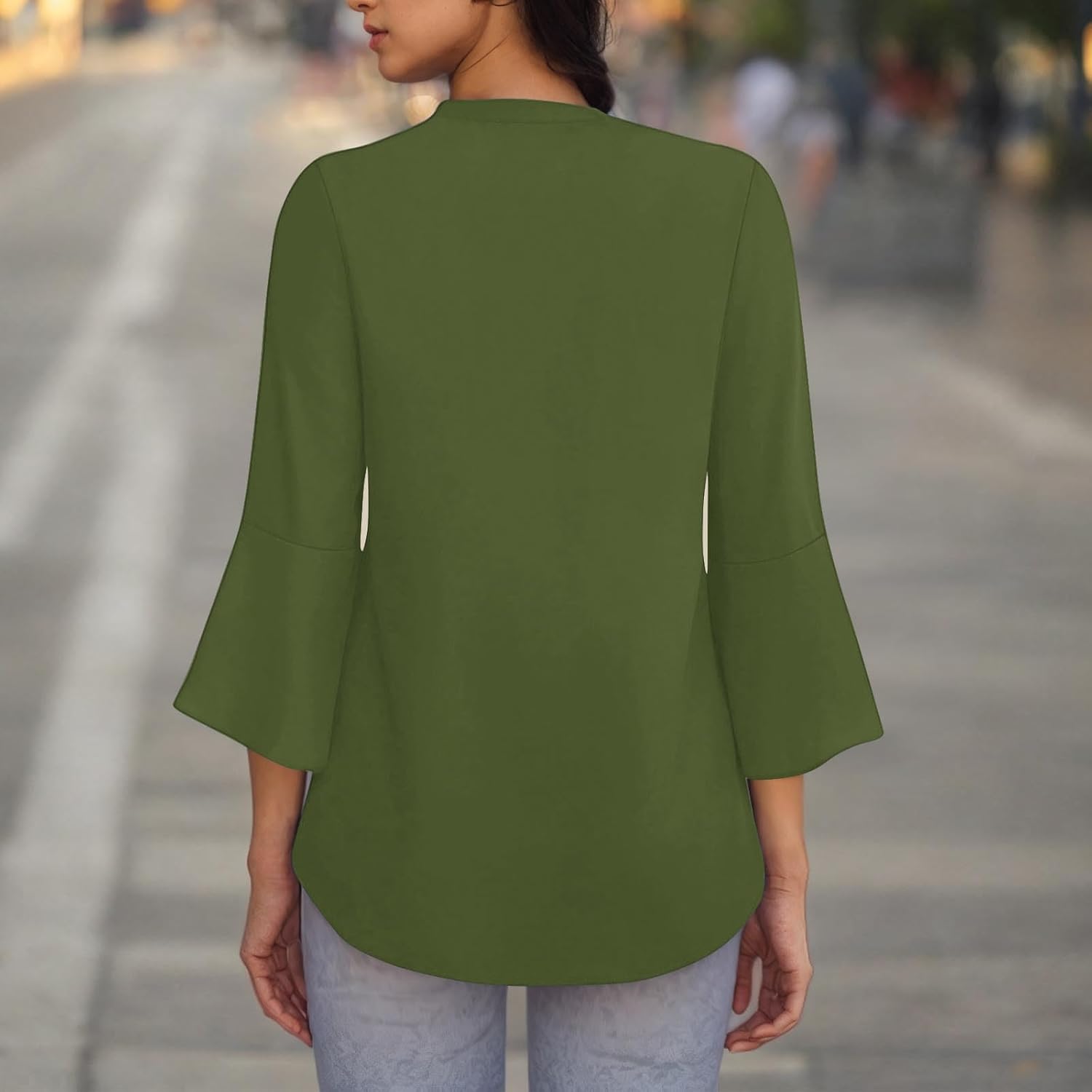 Womens Customized T Shirts Custom Ruffle 3/4 Sleeve V Neck Tops Personalized Design Your Own Tunic Tshirt with Photo - Image 4