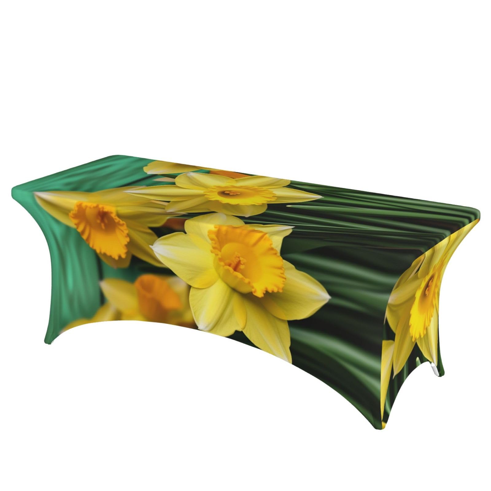 Fodpand Black 6Ft Spandex Table Cloth For Rectangle Tables - Yellow Daffodils Flowers Tablecloth Protector, Washable And Wrinkle Resistant Stretch Patio Table Cover For Event, Wedding, Banquet & Parties