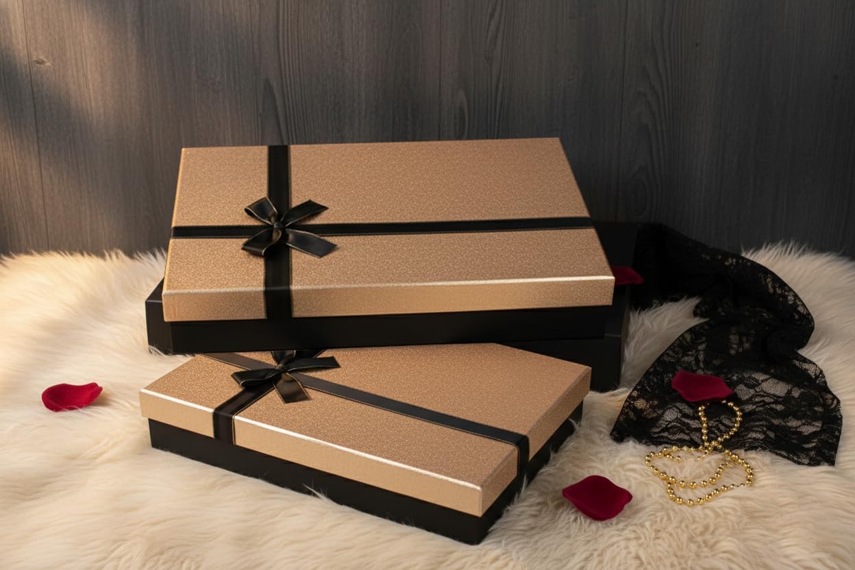 Emartbuy Lot de 2 boîtes cadeaux rigides de luxe - Base noire avec couvercle à paillettes dorées - Paniers rectangulaires pour cadeaux, mariages et cadeaux d'entreprise - Taille L : 42 x 30 x 8,5 cm