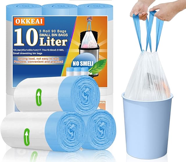 OKKEAI 10l bin liners for Bathroom Pedal Bin Bags Toilet Rubbish Bags Small Drawstring Trash Bags with Tie Tap Handle,Suitable for Office,kitchen(White, 90 Bags)