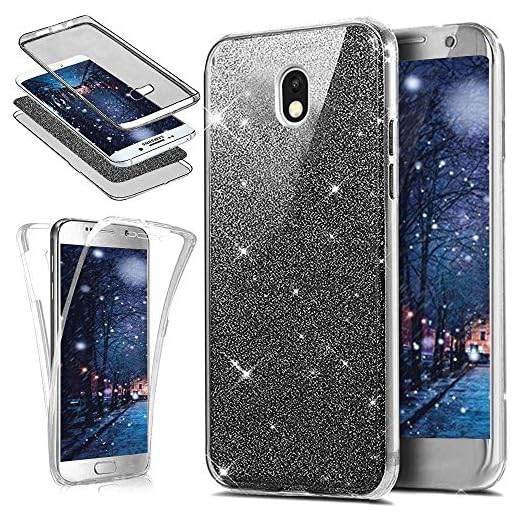 Uposao Coque pour Galaxy J5 2017 Coque 360 Degré Intégral Avant et arrière Full Body Coque Etui Glitter Brillant Paillette Coque Ultra-Mince Transparent Silicone Souple TPU Case Galaxy J5 2017,Noir