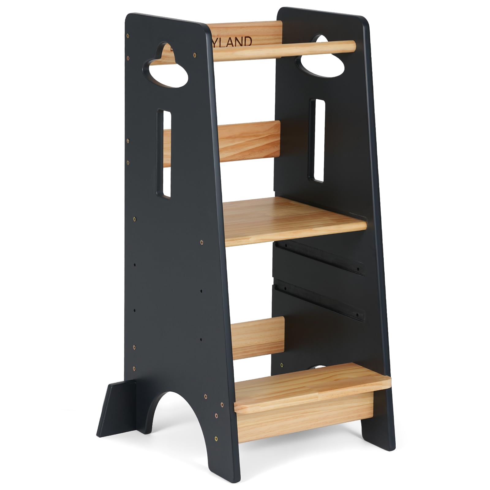 COSYLAND Lernturm für Kinder - Höhenverstellbarer Tritthocker für die Küche - Stabil Learning Tower für Kinder, 3-stufig Verstellbarer Helfer für Küche, ab 1-6 Jahre, 90CM, (Holzfarbe und Grau)