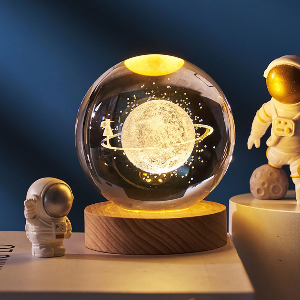 Ludosphere 3D Planet Sphere Night Light with Wooden Base, Engraved Solar System Lamp for Home Decor