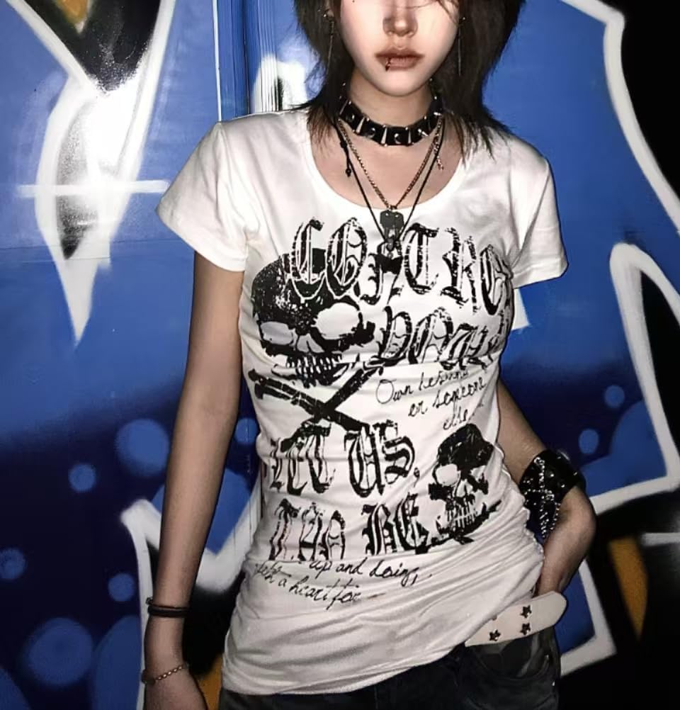 Womens Y2K Skull Gothic Graphic T-Shirt Vintage Slim Fit Grunge Print Tops Crew Neck Streeetwear Crop Top - Image 3