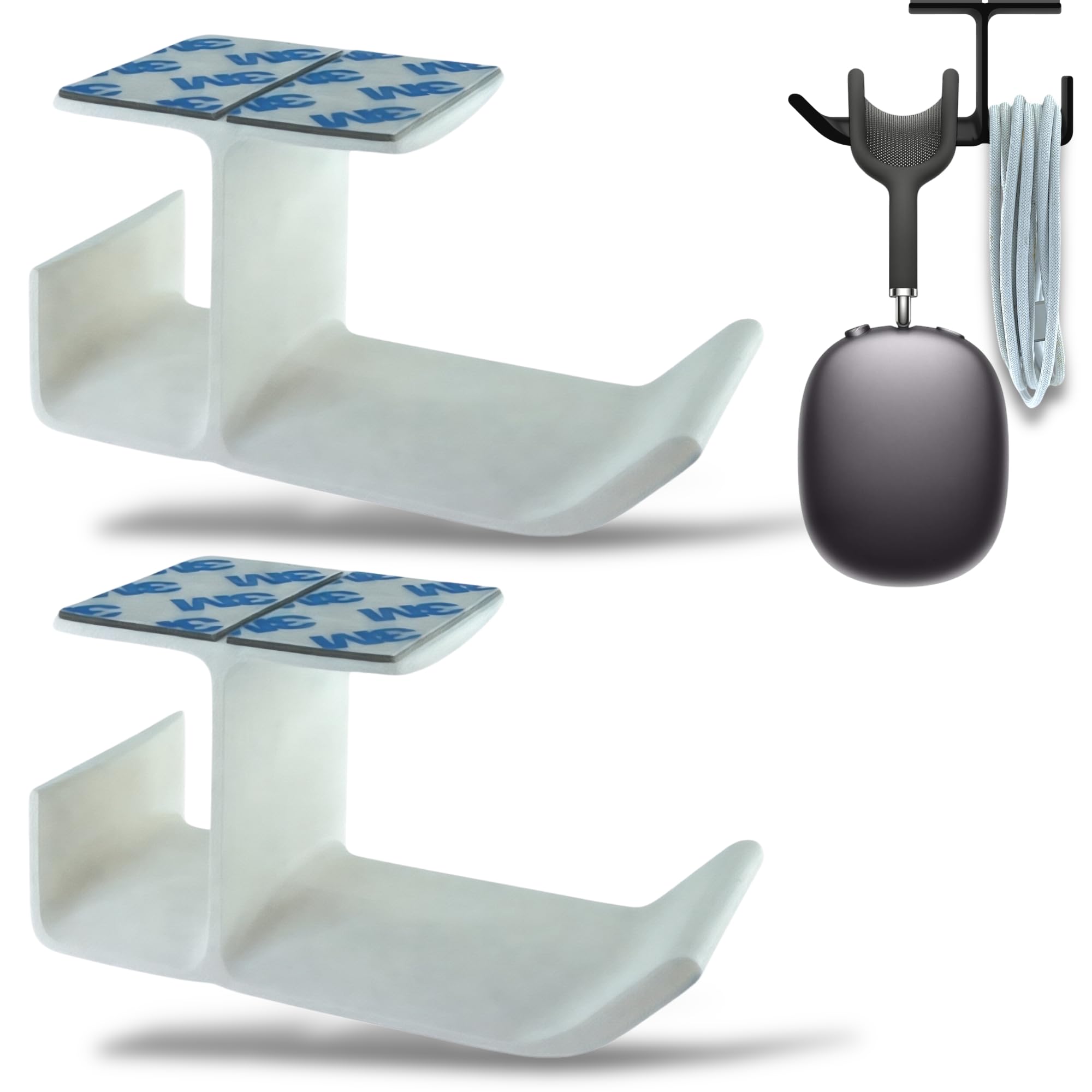 SRS® Under Desk Headphone Stand with Cable Organizer Storage Options | Headphone & Cable Hook Holder Hanger | Stick-ON Adhesive with Surface Cleaning Wipes (White, Pack of 2)