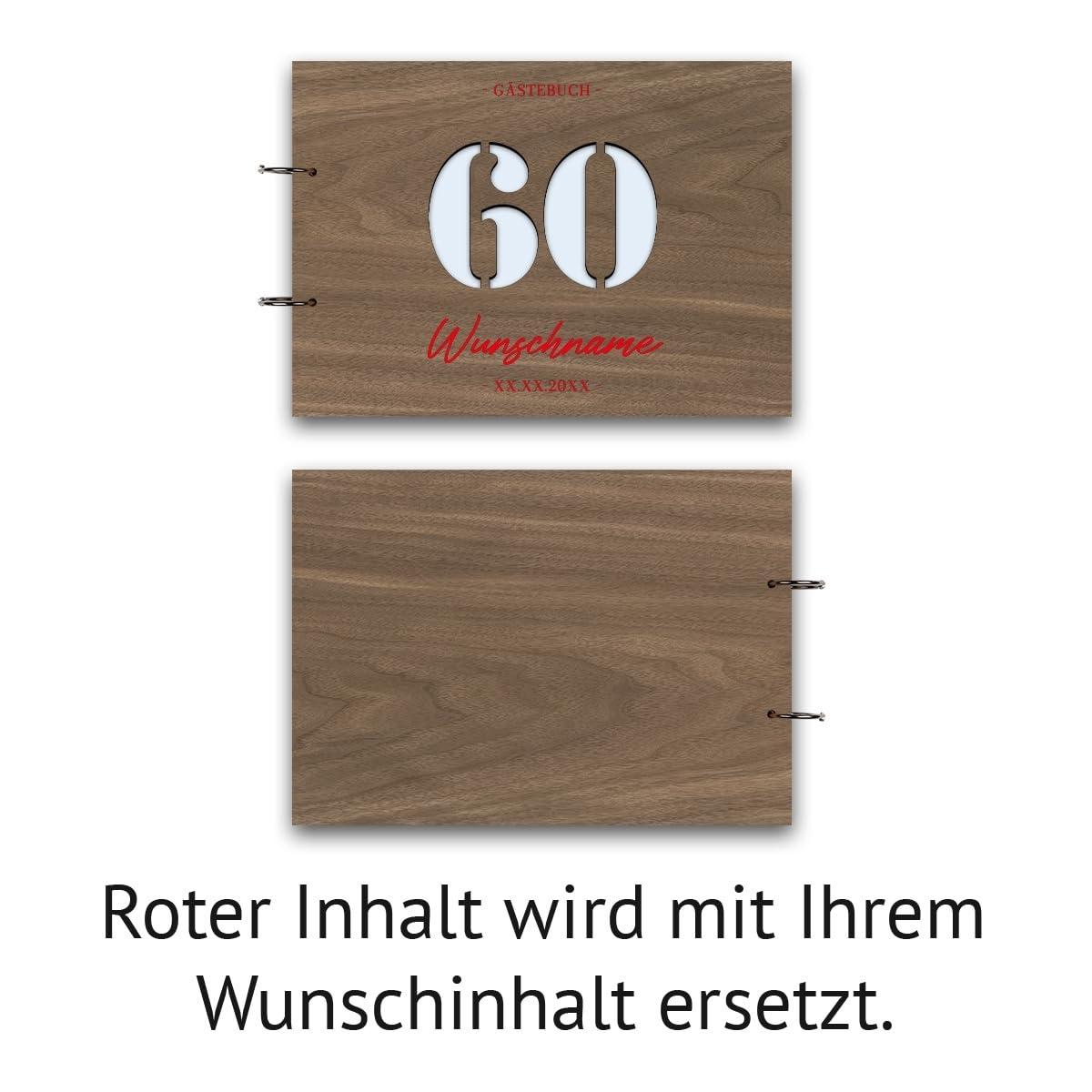 Individuelles Gästebuch zum 60. Geburtstag – Echtes Holz mit Persönlicher Gravur, Zahl ausgestanzt – hochwertige 72 Blatt / 144 Naturpapier Seiten, DIN A4 Quer – Ideal für bleibende Erinnerungen