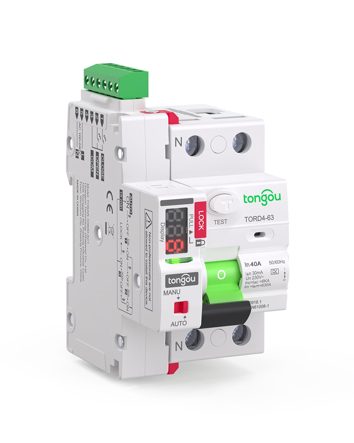 TONGOU Disjoncteur Différentiel a Réarmement Automatique 30mA Type A, 2 Pôles 40A Interrupteur Différentiel