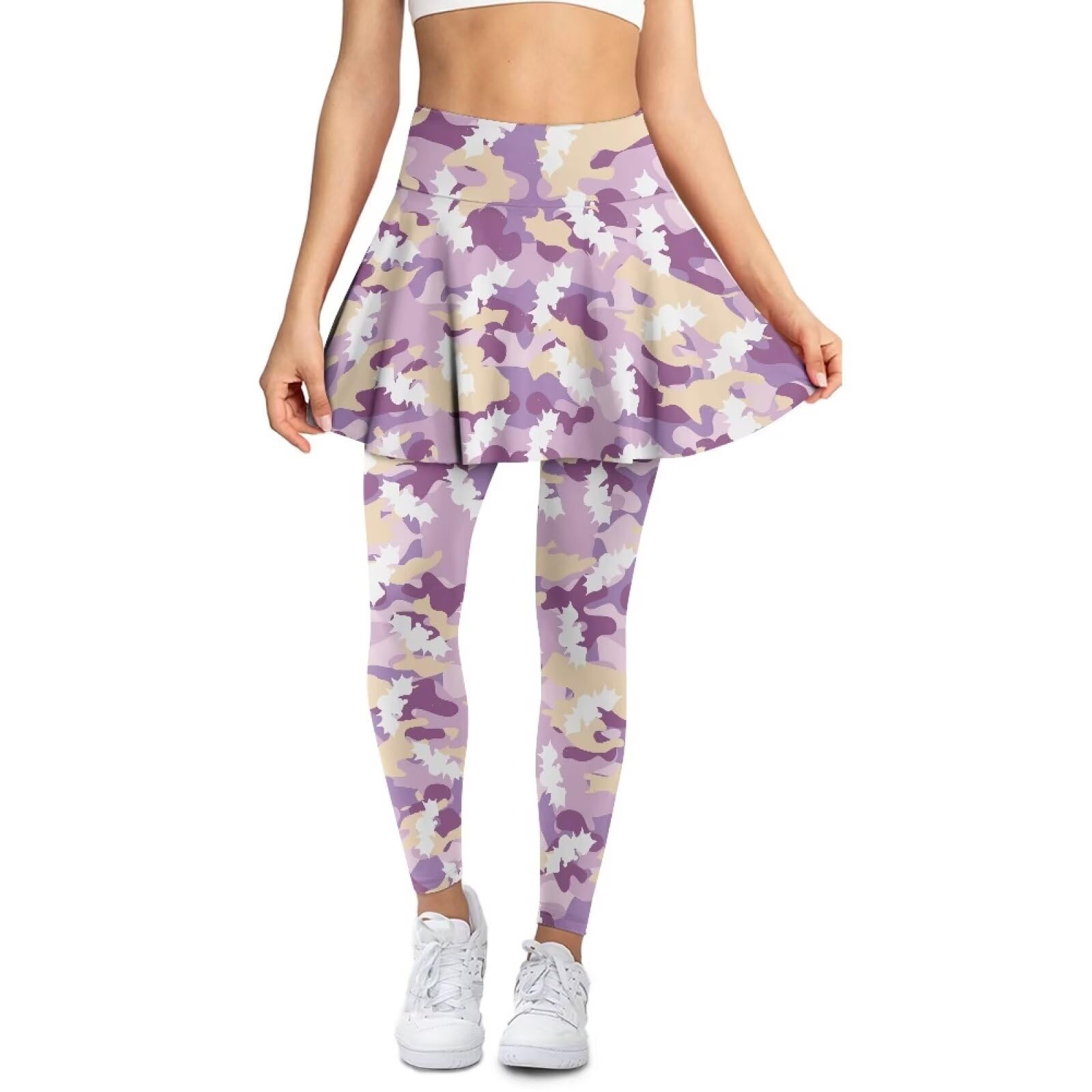 Xoenoiee Camo Pattern Tennis Skirted Leggings with Pockets for Women Active Skort Athletic Ruffle Pleated Golf Leggings with Skirt, XS
