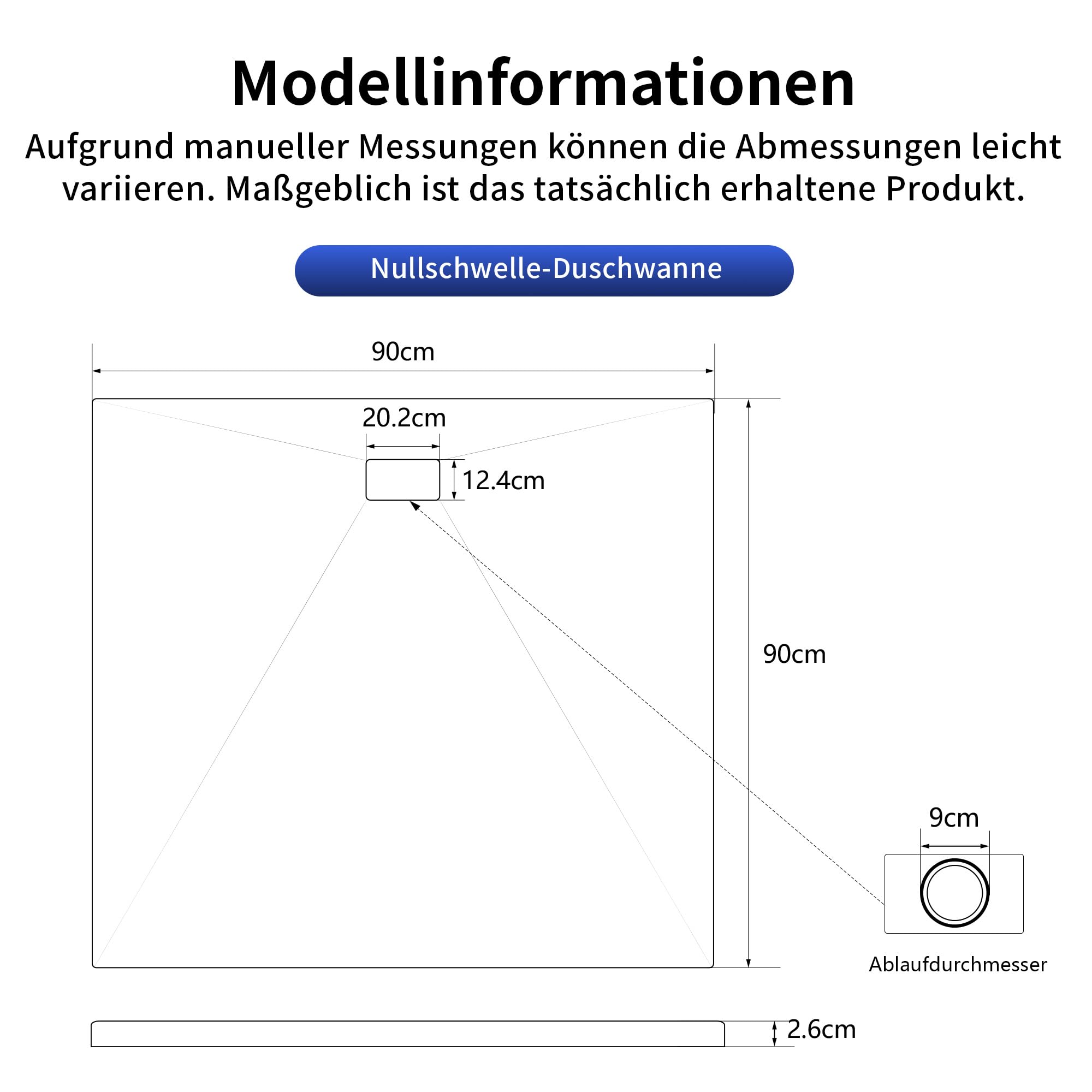 DeerValley Duschwanne 90x90cm – SMC rutschfest mit Ablaufgarnitur 90mm Duschtasse bodengleich zuschneidbar belastbar flach Duschablauf Dusche barrierefrei
