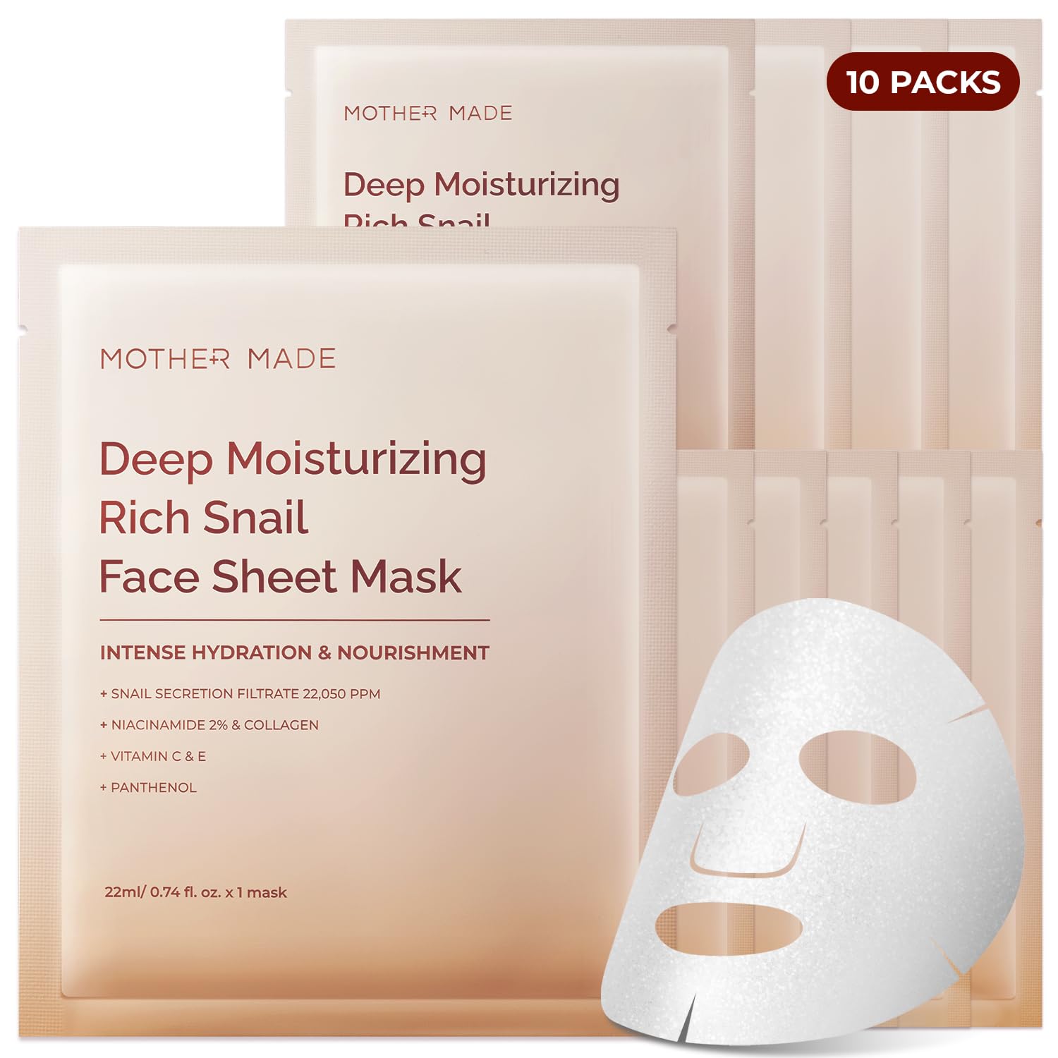 MOTHER MADE Glowing Glass Skin Hydrating Snail Deep Collagen Face Masks 10 EA, with Niacinamide 2%, Vitamin E, Facial Masks for Dry, Sensitive Skin, Kbeauty Essentials, Self Care, Korean Skincare