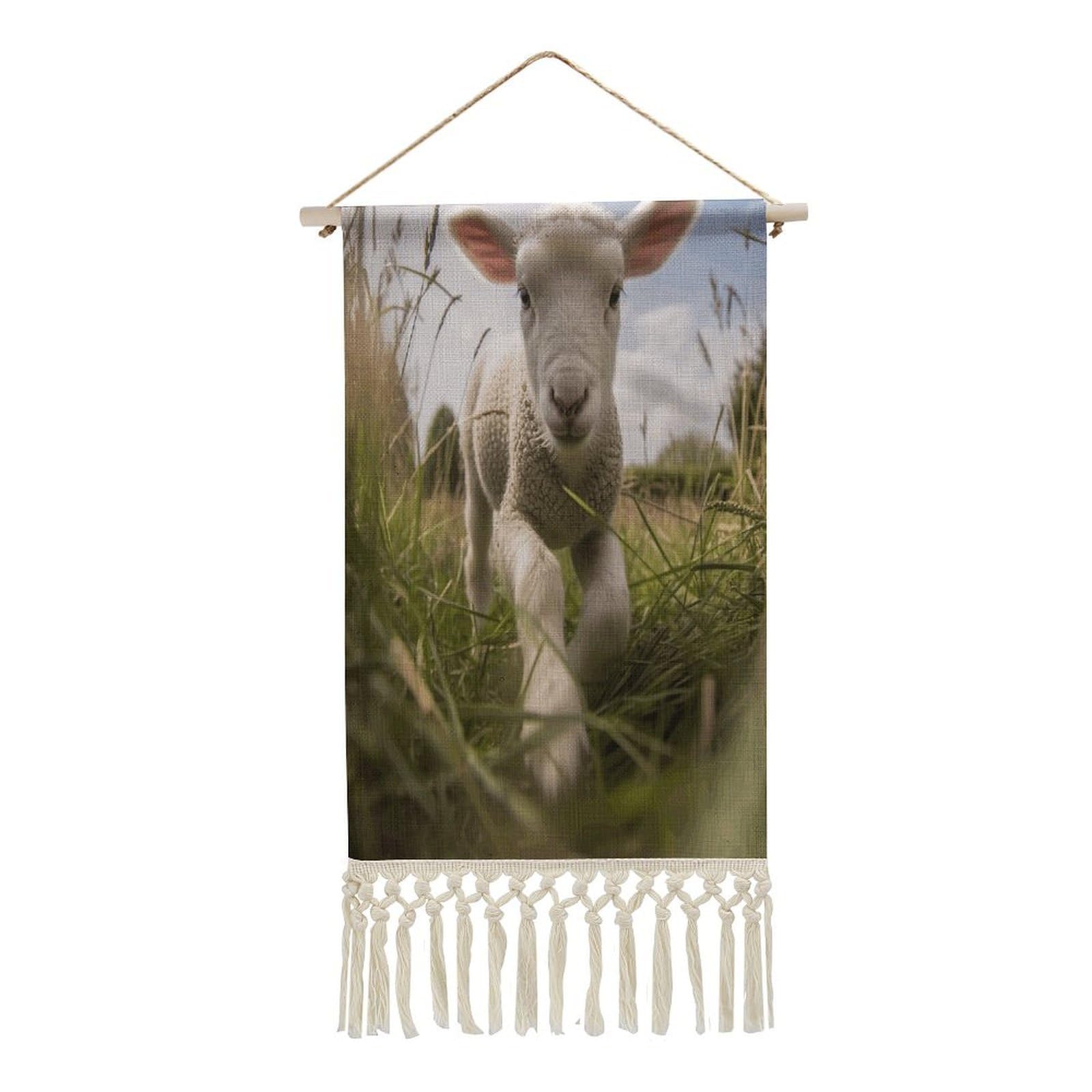 Adfgyerh Style Sheep Running On Grass Tapestry With Tassels Cotton And Linen Hanging Posters, Wall Art For Travel Gift, Wall Tapestry For Office Home Decor Bedroom Living Room Decor