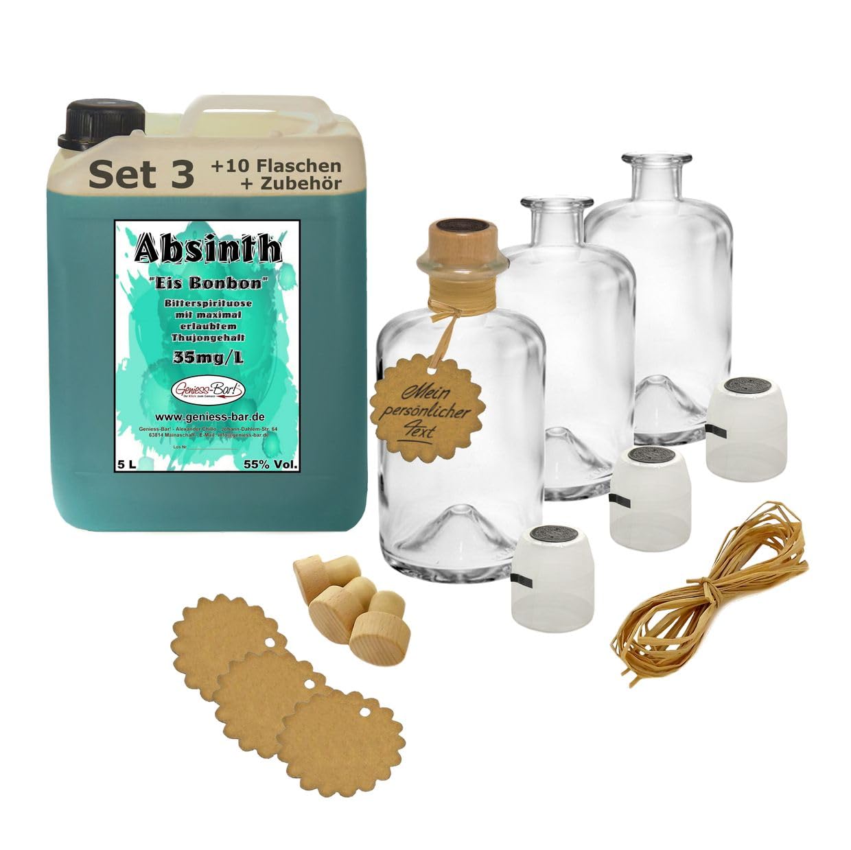 Absinth Arctic Blue 5L Eisbonbon inkl 10 Flaschen, Korken, Kapseln, Bast & Anhänger 55% Vol Mit max.erlaubten Thujon 35mg/L