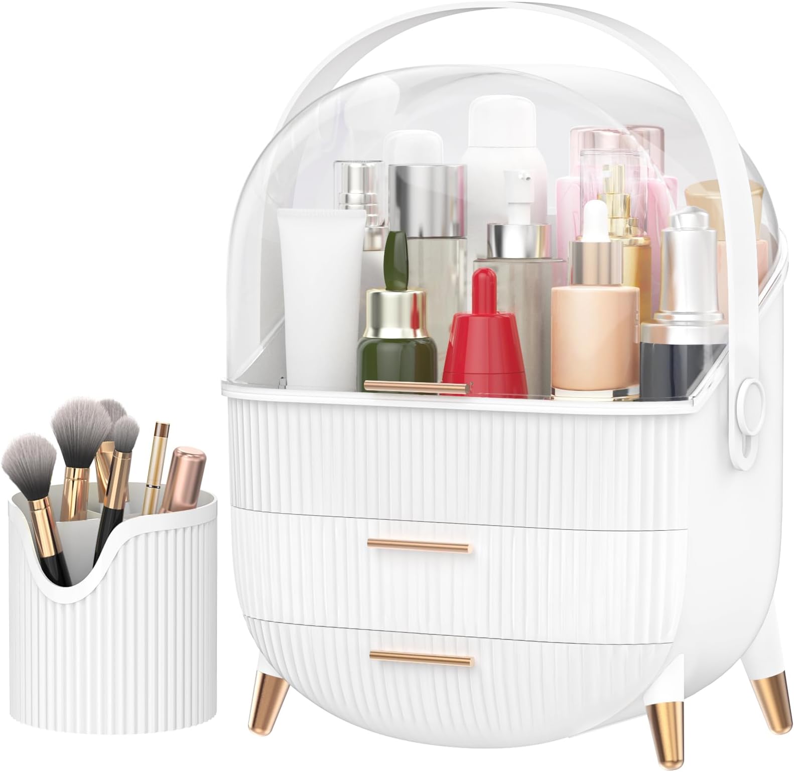 FORTHEE Makeup Organizer, Cosmetics Organizer Display Case with Two Drawers and Brush Storage Box, Skincare Organizer Box Suitable for Bathroom Countertop and Bedroom Vanity Dresser (White)
