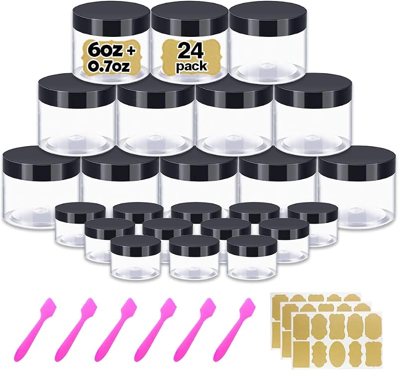 AMORIX Conjunto de Frascos Plásticos com Tampa, 12 Unidades de 180 mL e 12 Potes de 20 g/20 mL, com Etiquetas e Espátulas