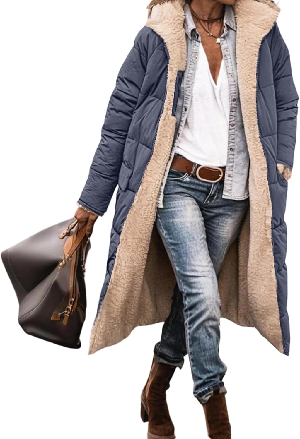 Long Coat Women Winter Sherpa Fleece Warm Oversized Puffer Jacket Down Parkas Reversible Shearling Outerwear With Hood
