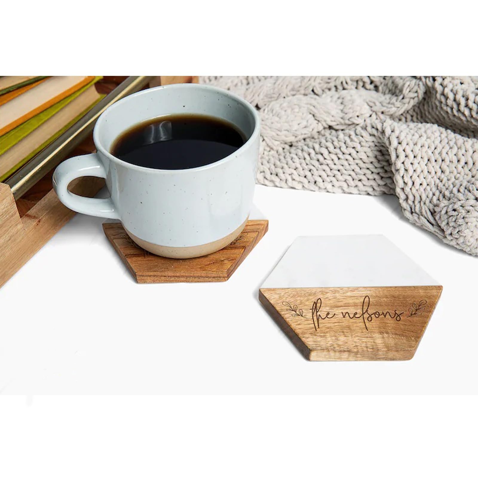 Posavasos hexagonales de madera personalizados, recuerdos de boda para invitados, posavasos de madera de mármol grabados con nombre, regalos de boda, regalos para parejas, regalos personalizados (6