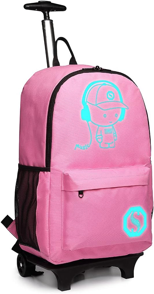 Kono Children's Rolling Backpacks Anime Luminous Rucksack with Wheels Waterproof Trolly Cabin Bag 25L Laptop Backpack for Teens Boys Girls