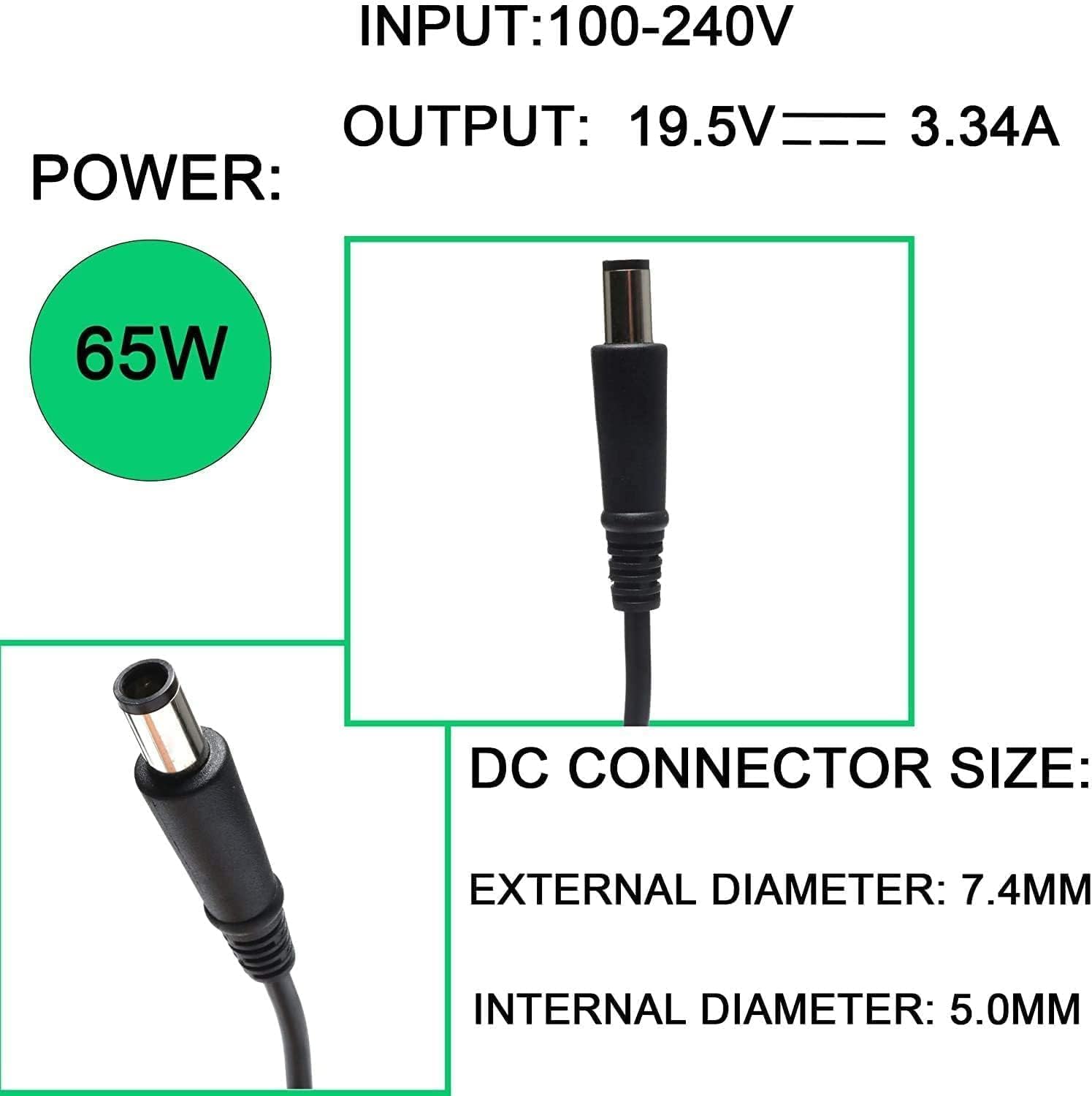 65W AC Power Adapter Compatible with Dell Laptop Charger